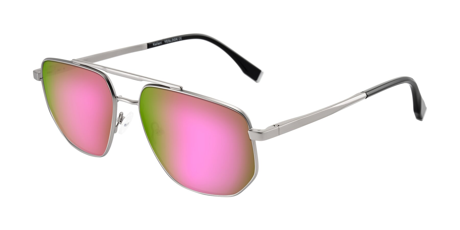 Angle of Kailani in Silver/Matte Silver with Pink Mirrored Lenses