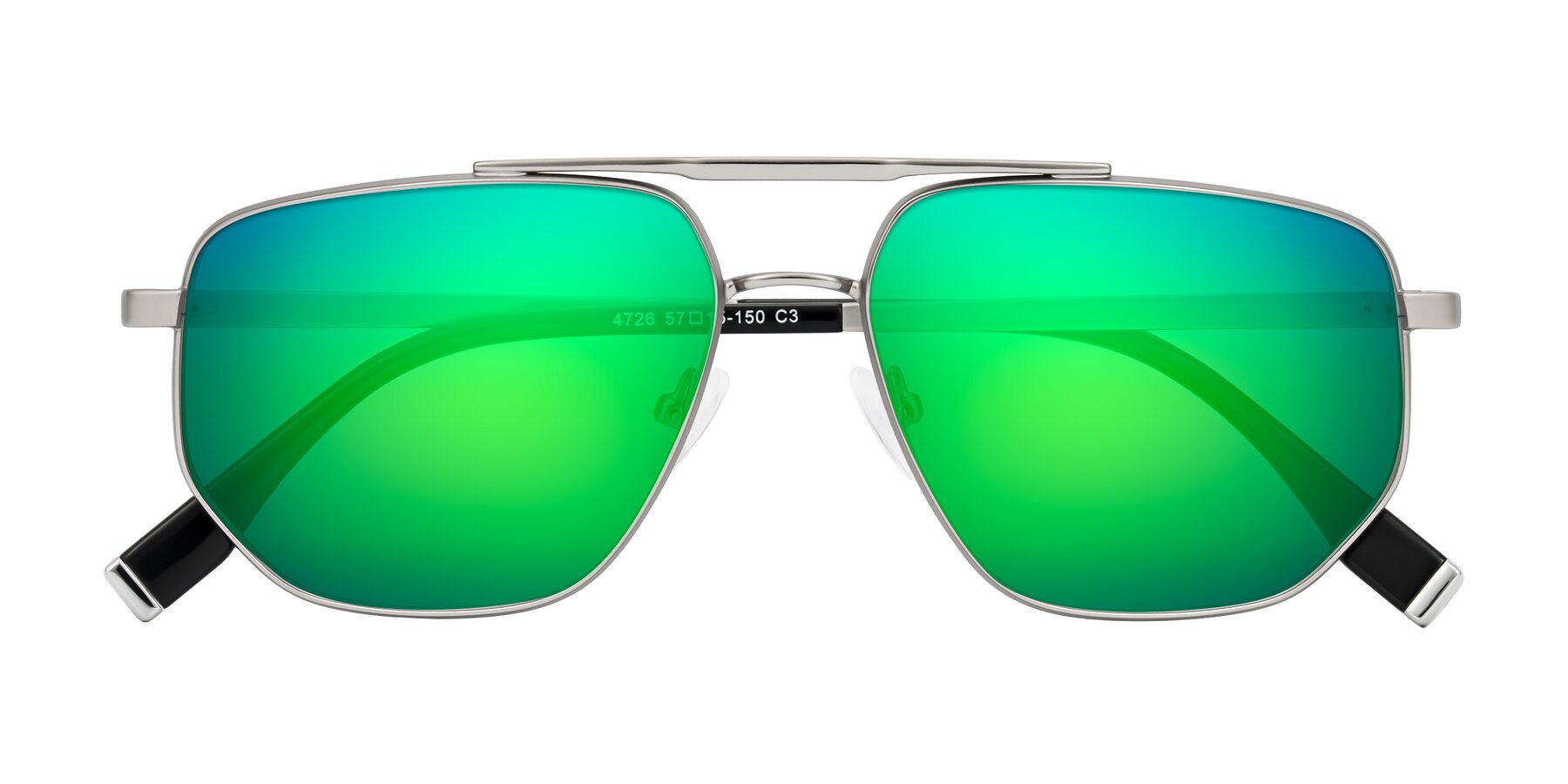 Folded Front of Kailani in Silver/Matte Silver with Green Mirrored Lenses