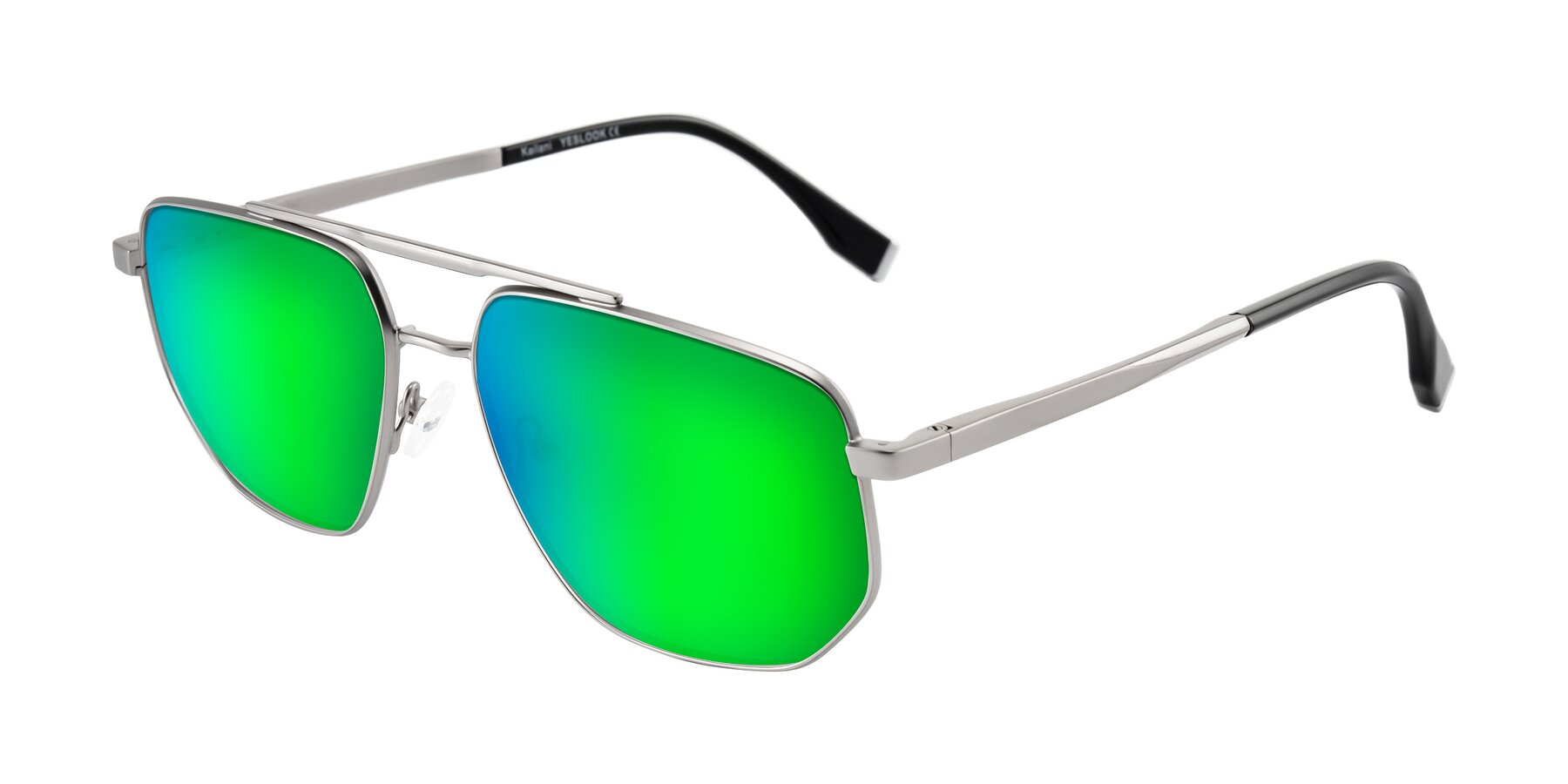 Angle of Kailani in Silver/Matte Silver with Green Mirrored Lenses