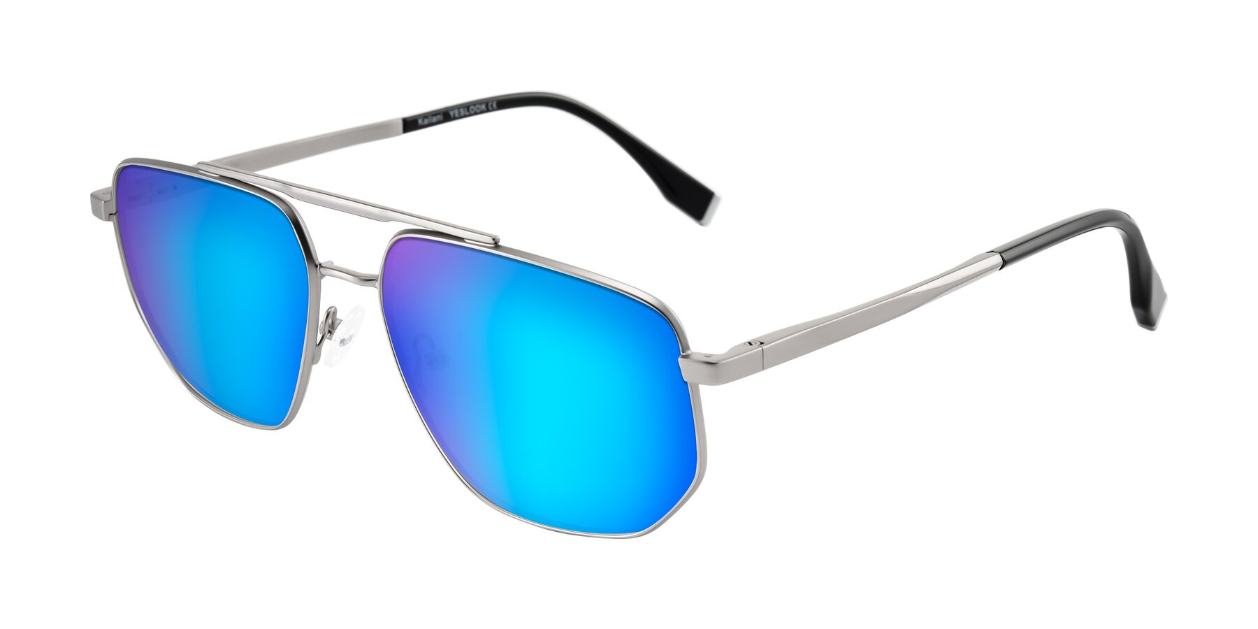 Angle of Kailani in Silver/Matte Silver with Blue Mirrored Lenses