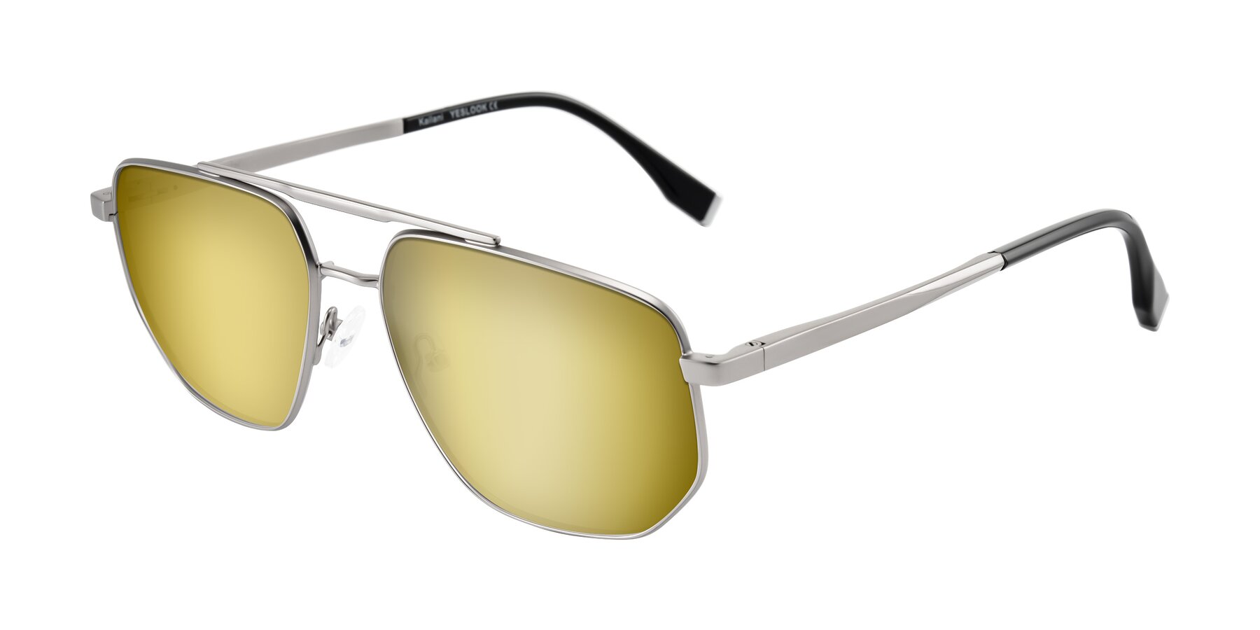 Angle of Kailani in Silver/Matte Silver with Gold Mirrored Lenses