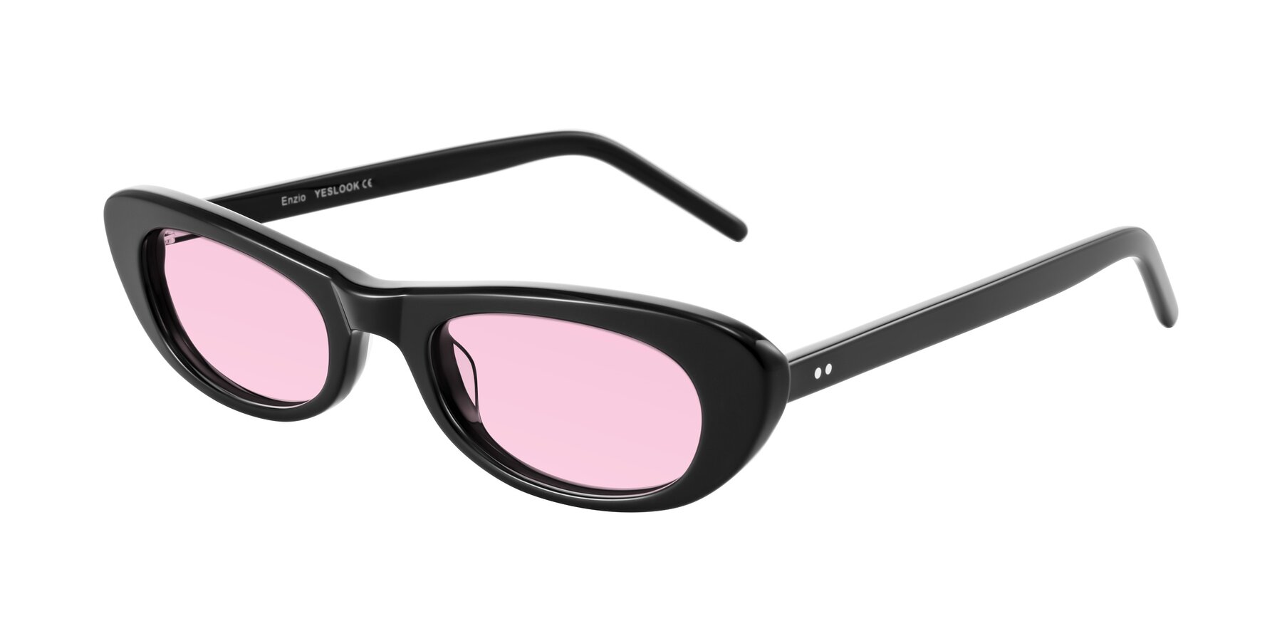 Angle of Enzio in Black with Light Pink Tinted Lenses