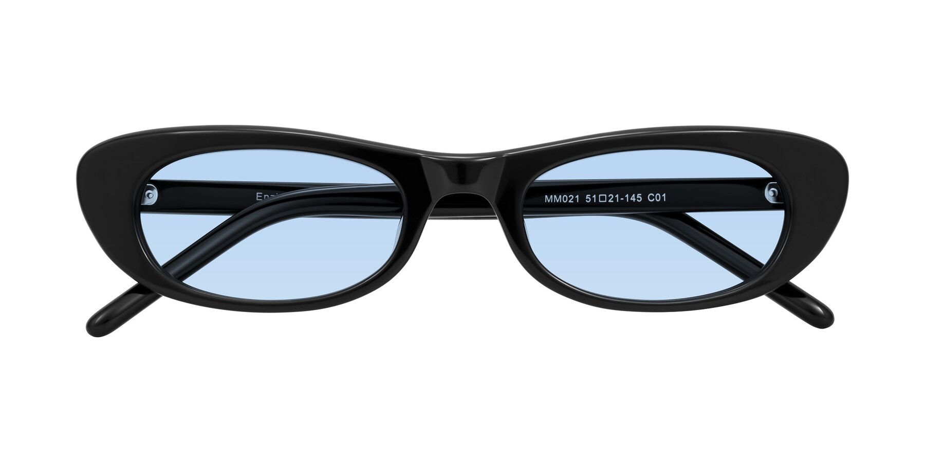 Folded Front of Enzio in Black with Light Blue Tinted Lenses