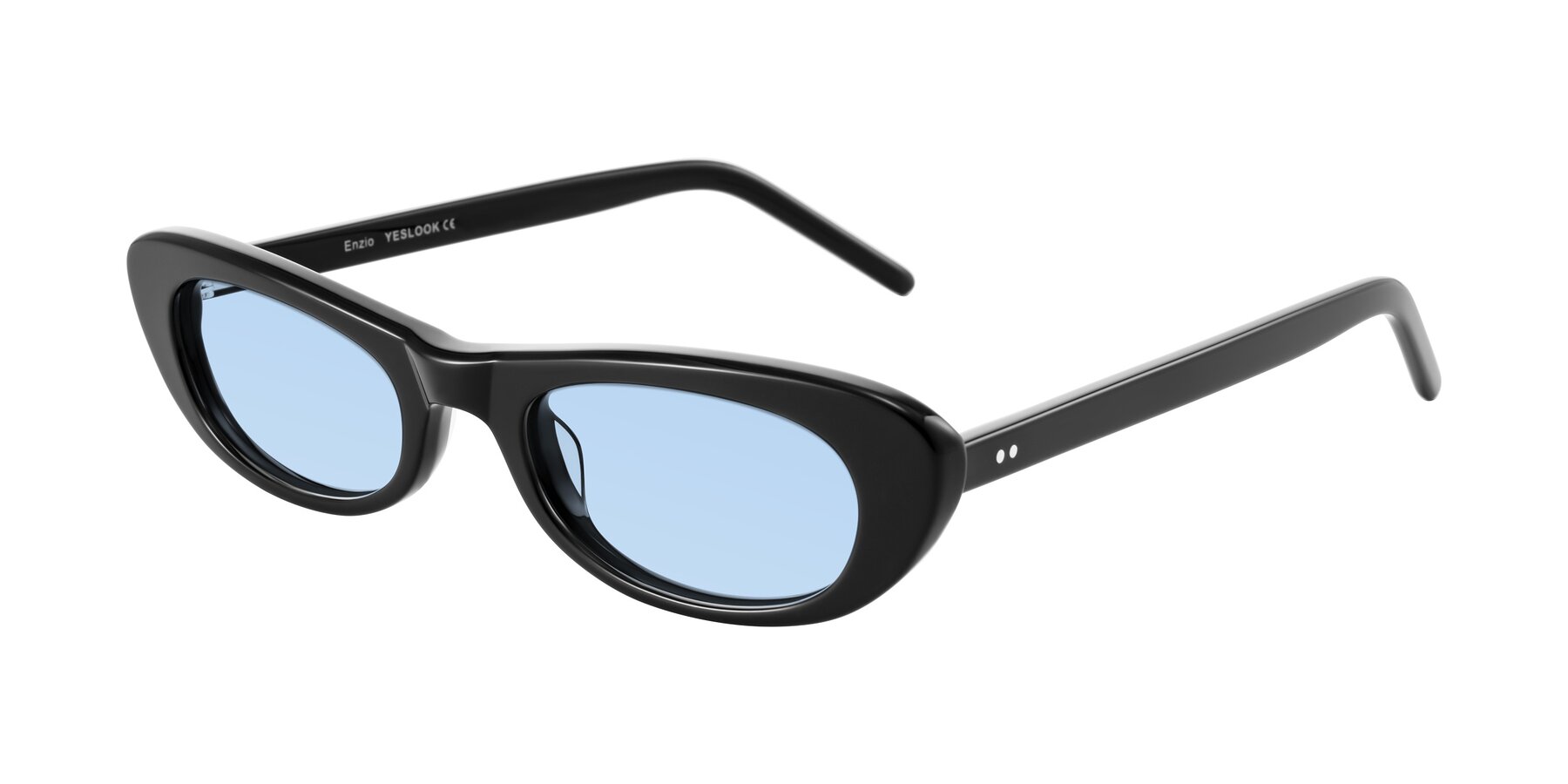 Angle of Enzio in Black with Light Blue Tinted Lenses