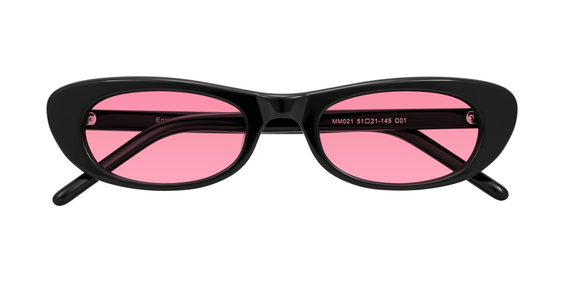 Folded Front of Enzio in Black with Pink Tinted Lenses