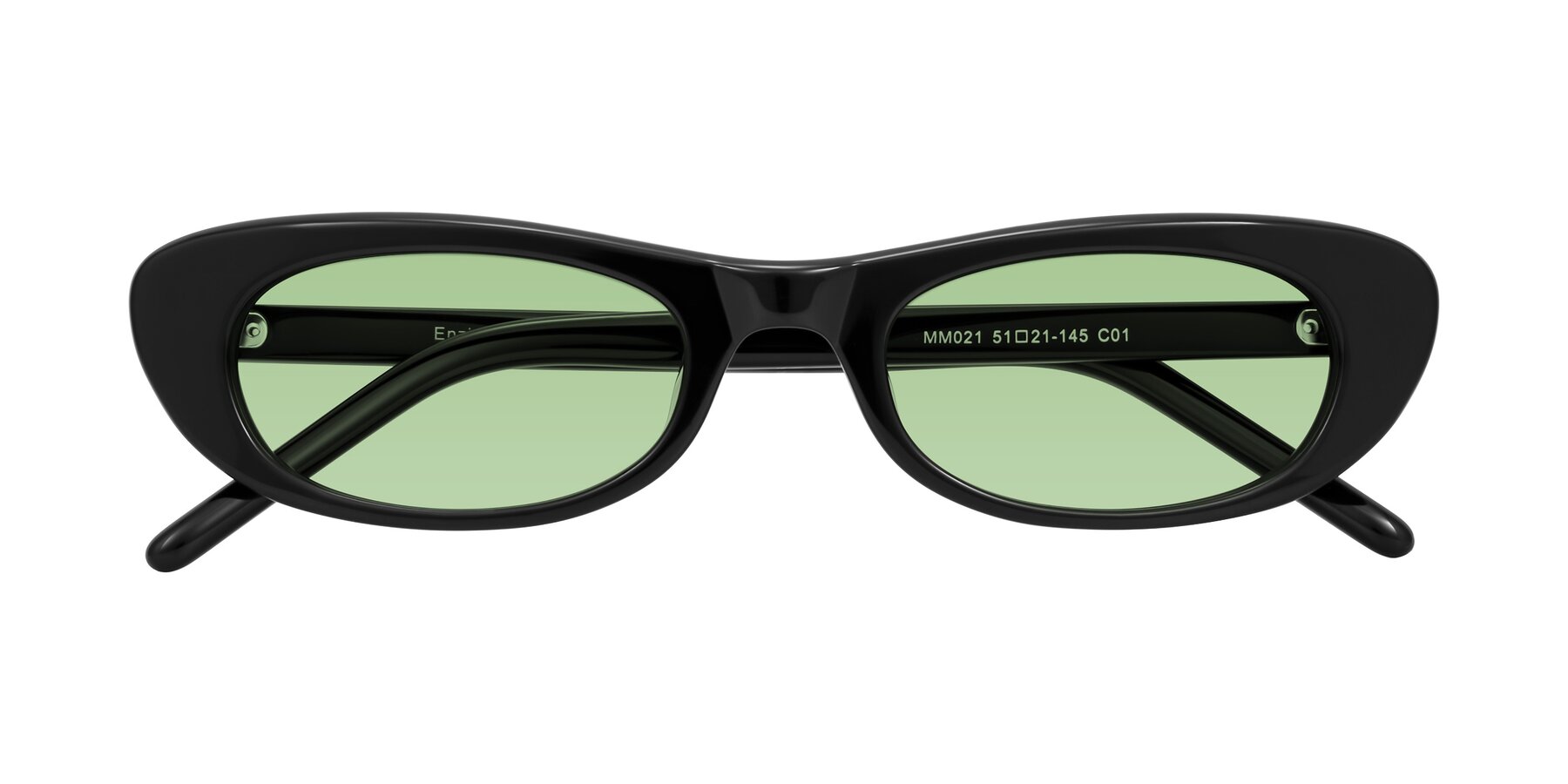 Folded Front of Enzio in Black with Medium Green Tinted Lenses