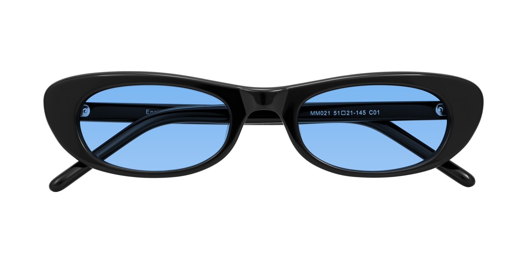 Folded Front of Enzio in Black with Medium Blue Tinted Lenses