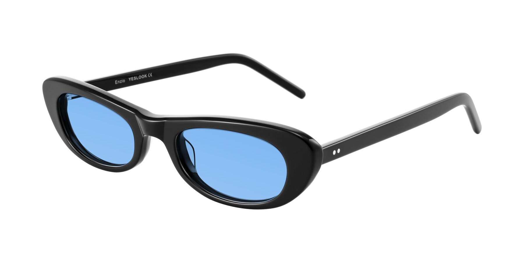 Angle of Enzio in Black with Medium Blue Tinted Lenses