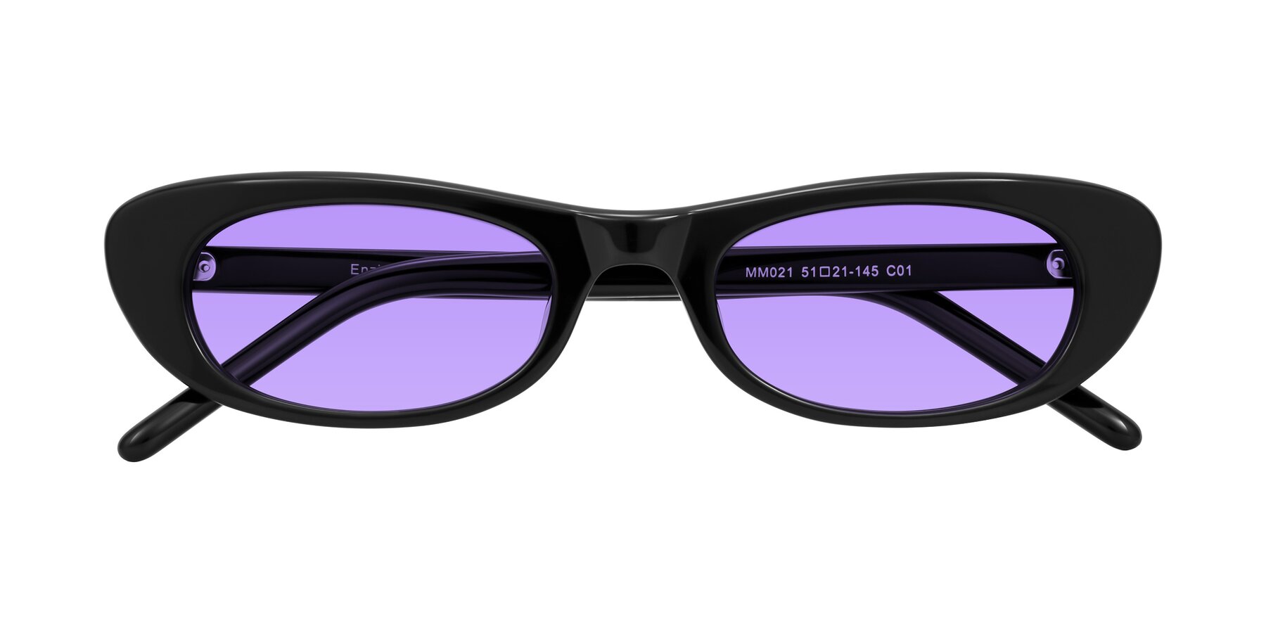 Folded Front of Enzio in Black with Medium Purple Tinted Lenses