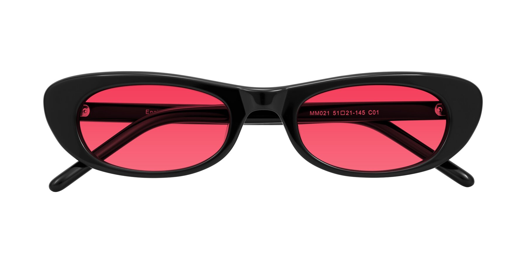 Folded Front of Enzio in Black with Red Tinted Lenses