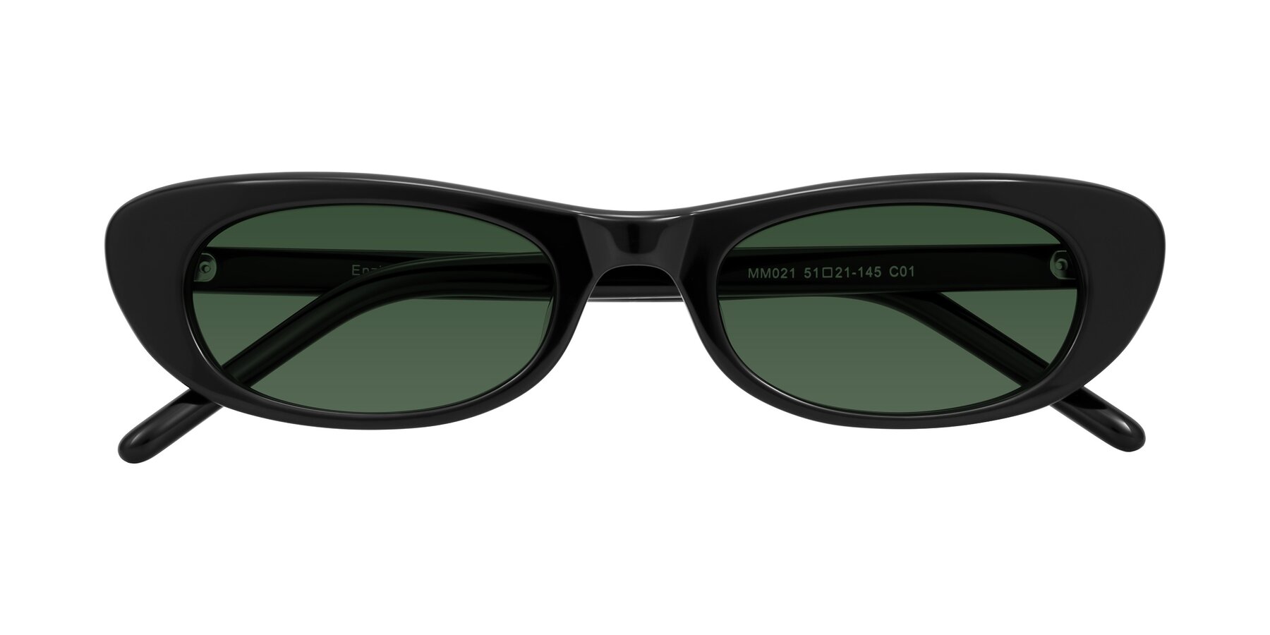 Folded Front of Enzio in Black with Green Tinted Lenses