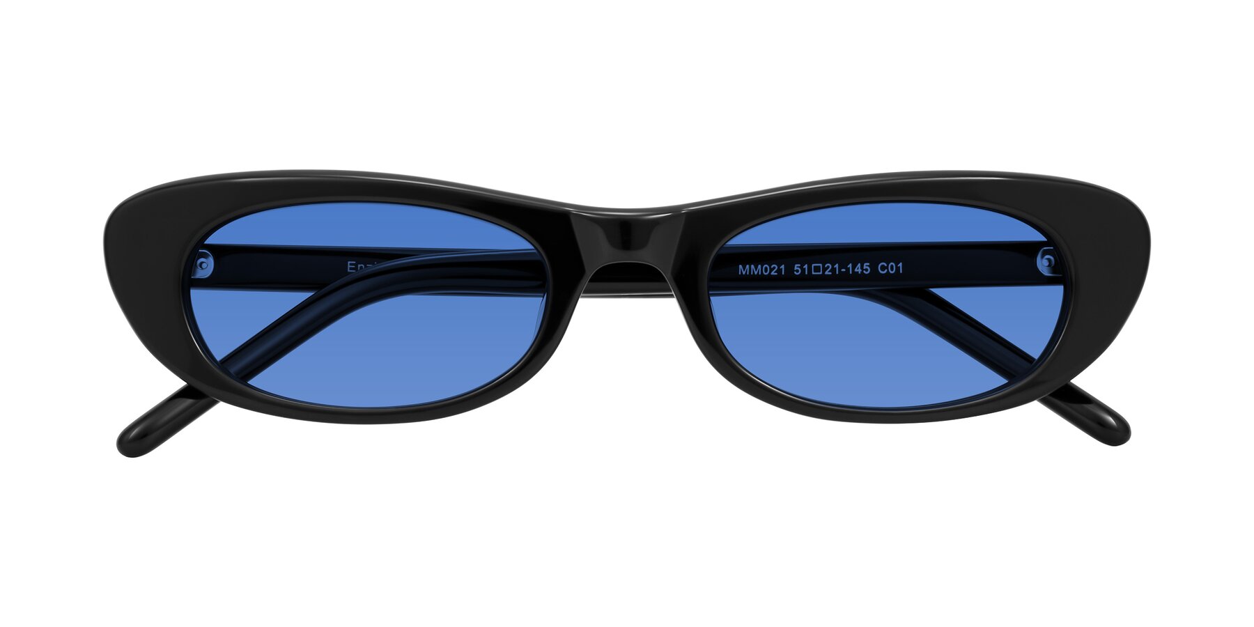 Folded Front of Enzio in Black with Blue Tinted Lenses
