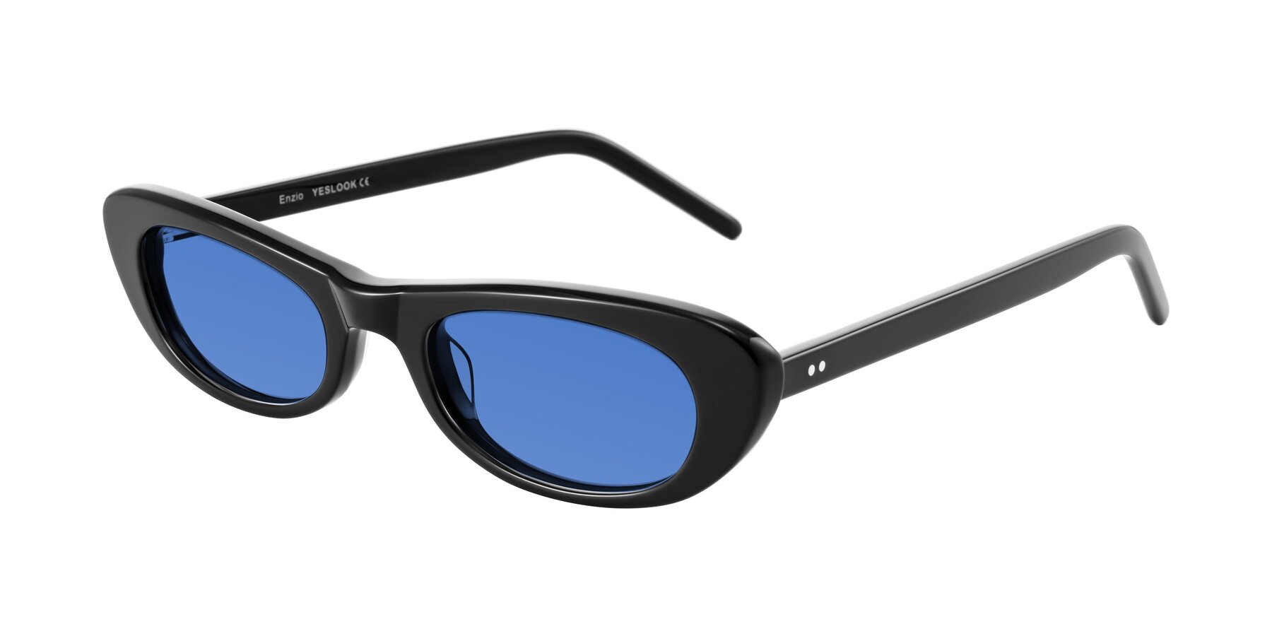 Angle of Enzio in Black with Blue Tinted Lenses