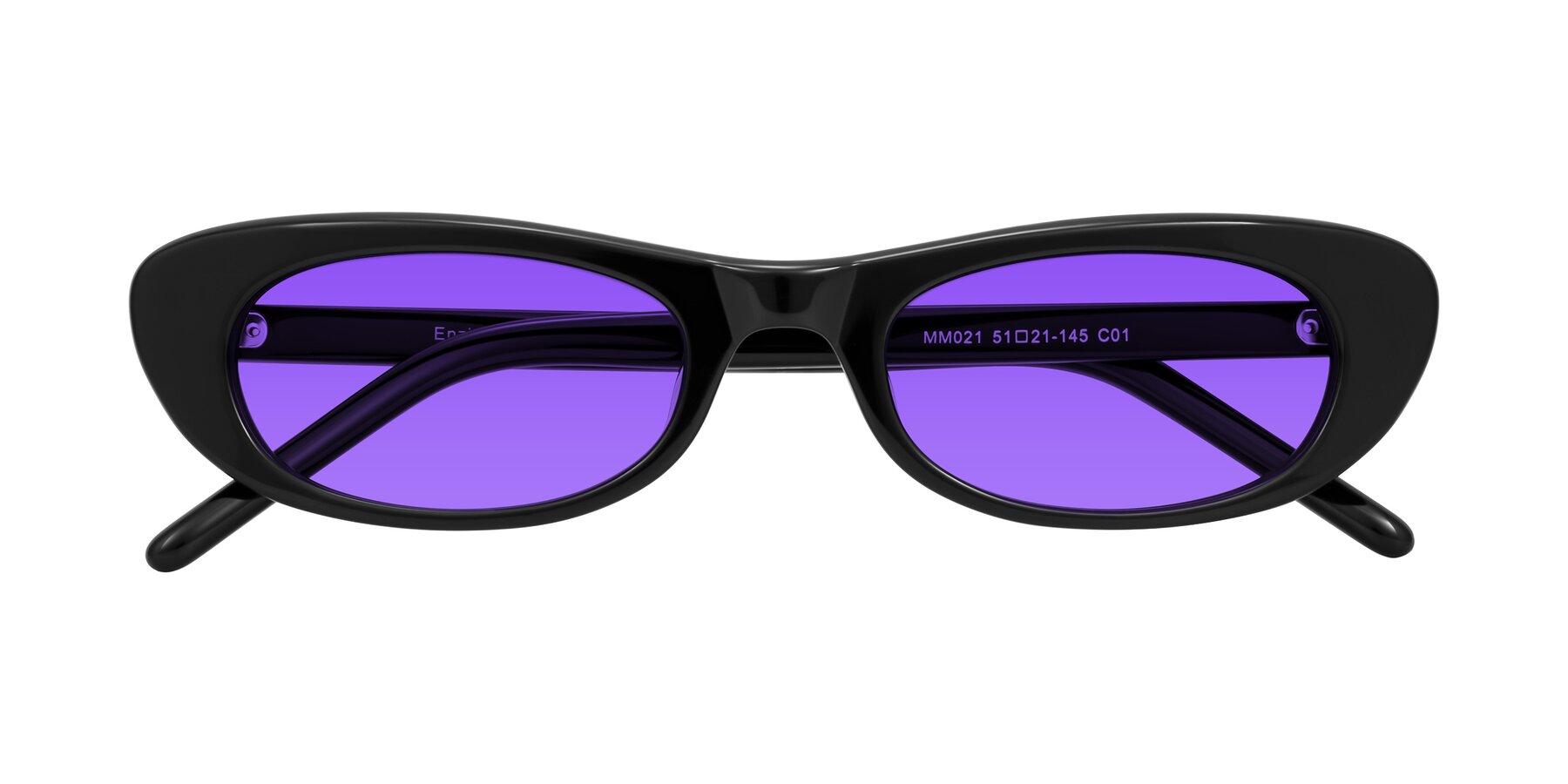 Folded Front of Enzio in Black with Purple Tinted Lenses