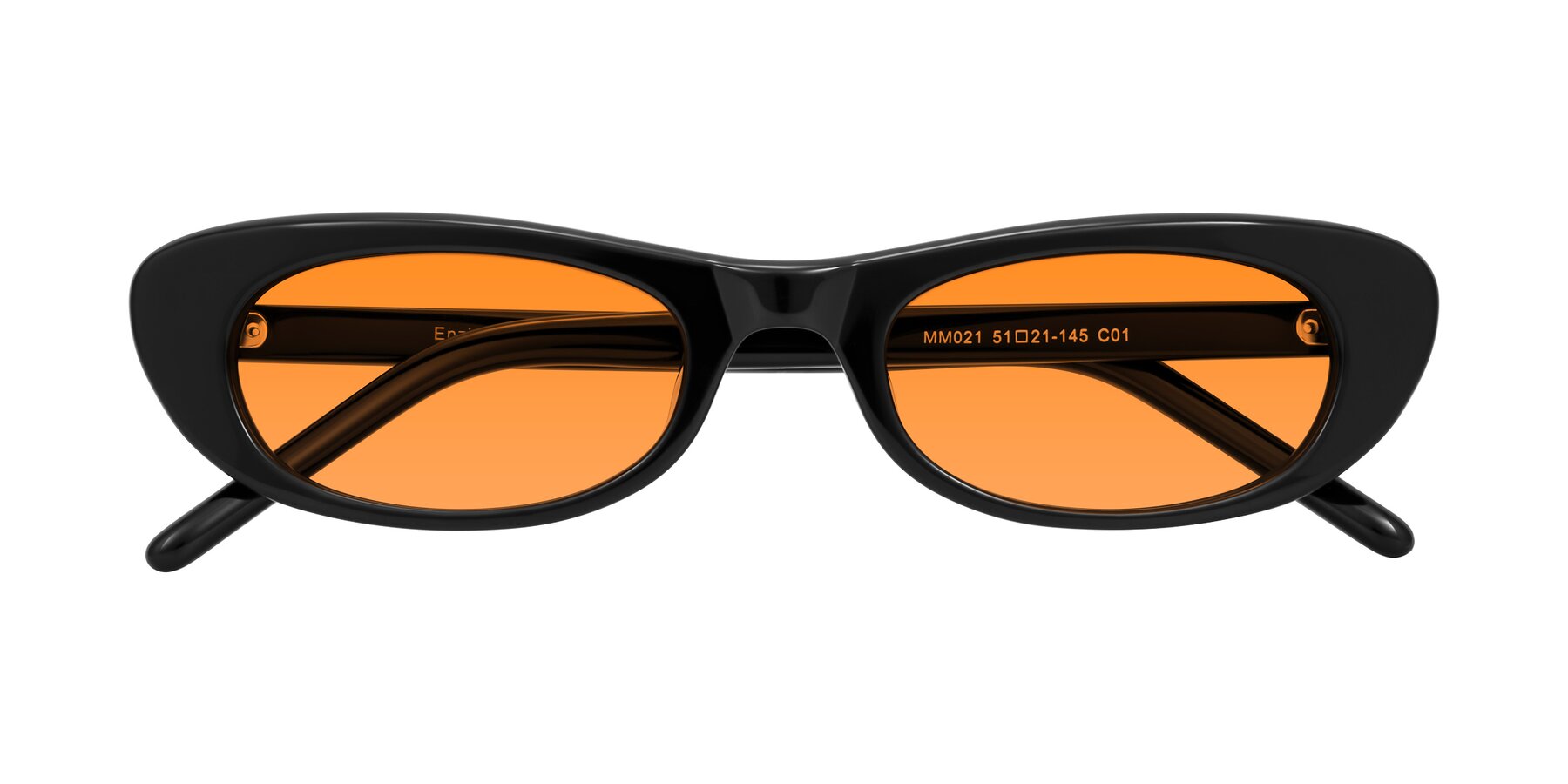 Folded Front of Enzio in Black with Orange Tinted Lenses