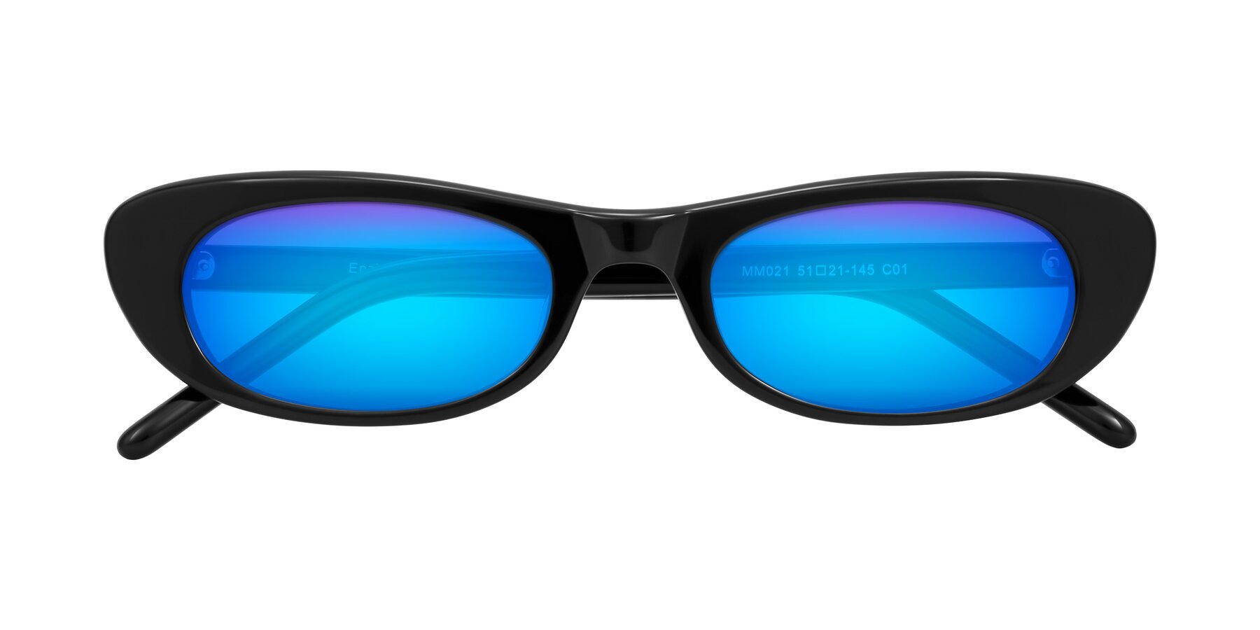 Folded Front of Enzio in Black with Blue Mirrored Lenses