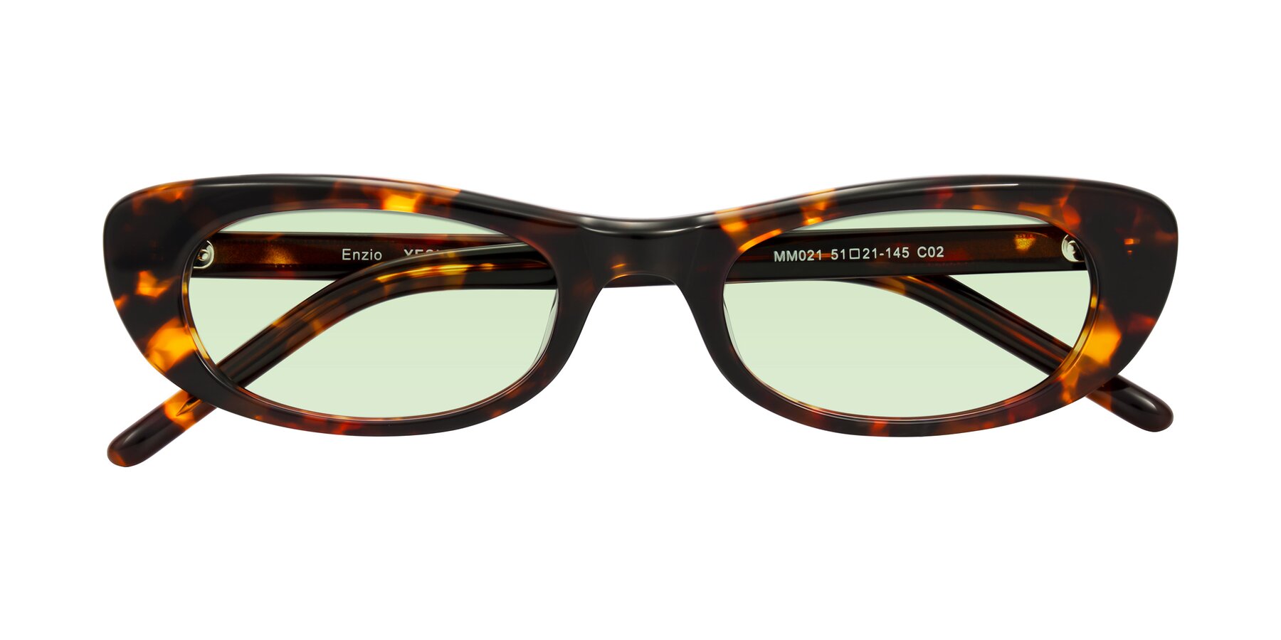 Folded Front of Enzio in Tortoise with Light Green Tinted Lenses