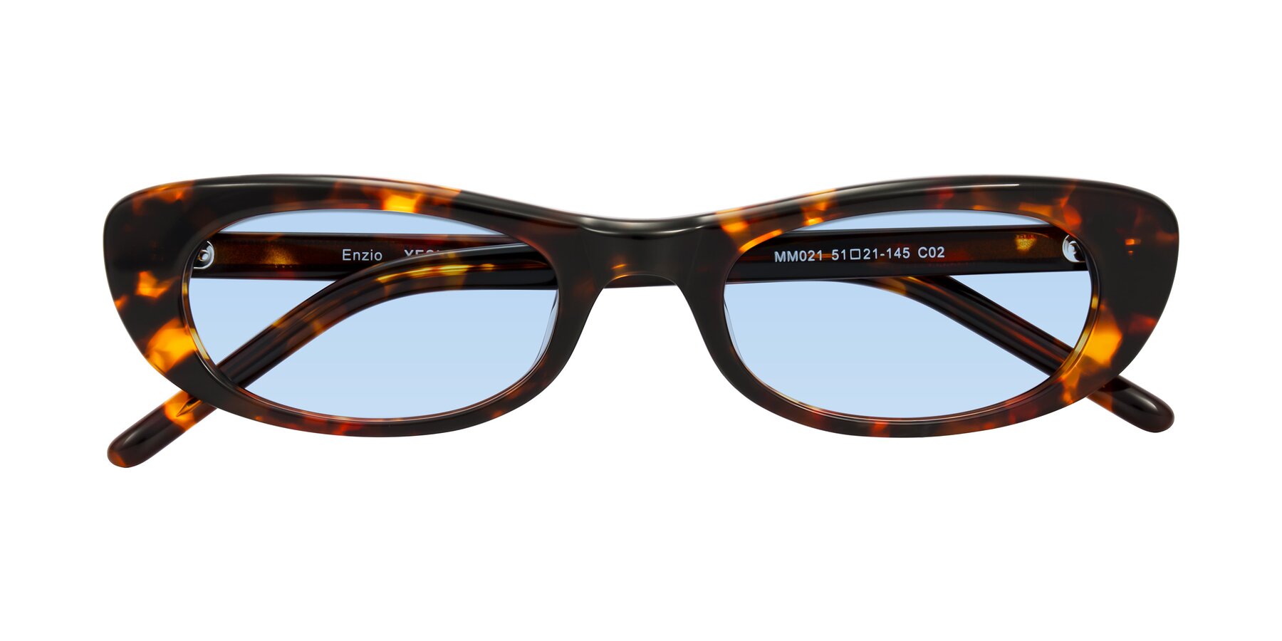 Folded Front of Enzio in Tortoise with Light Blue Tinted Lenses