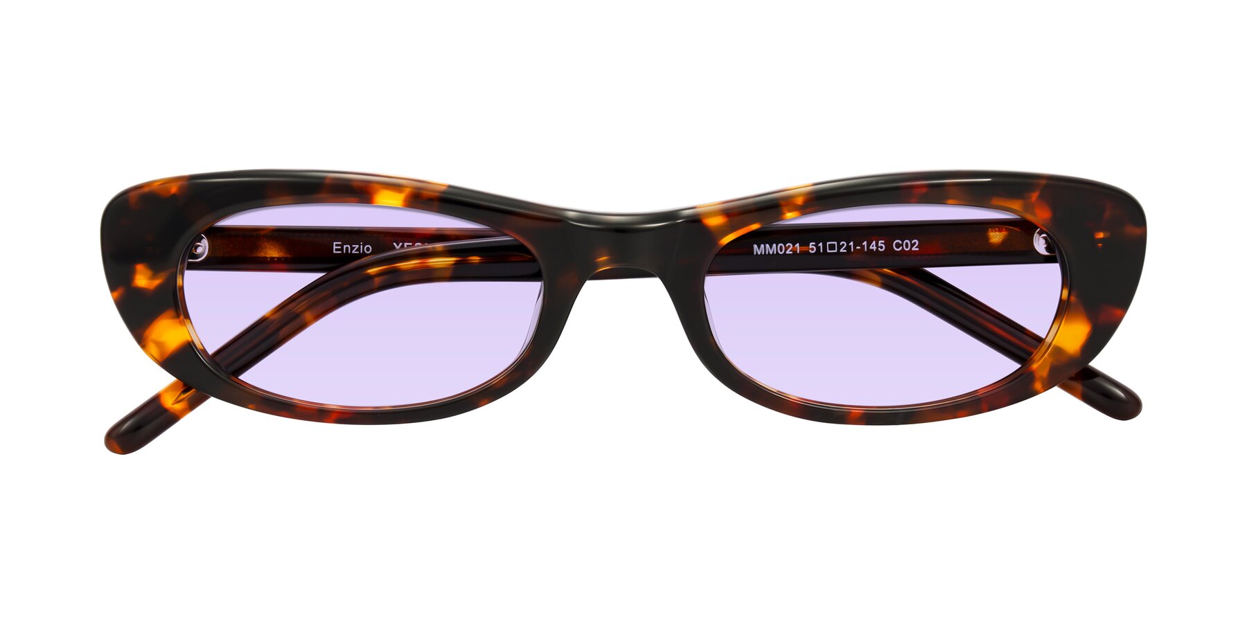 Folded Front of Enzio in Tortoise with Light Purple Tinted Lenses