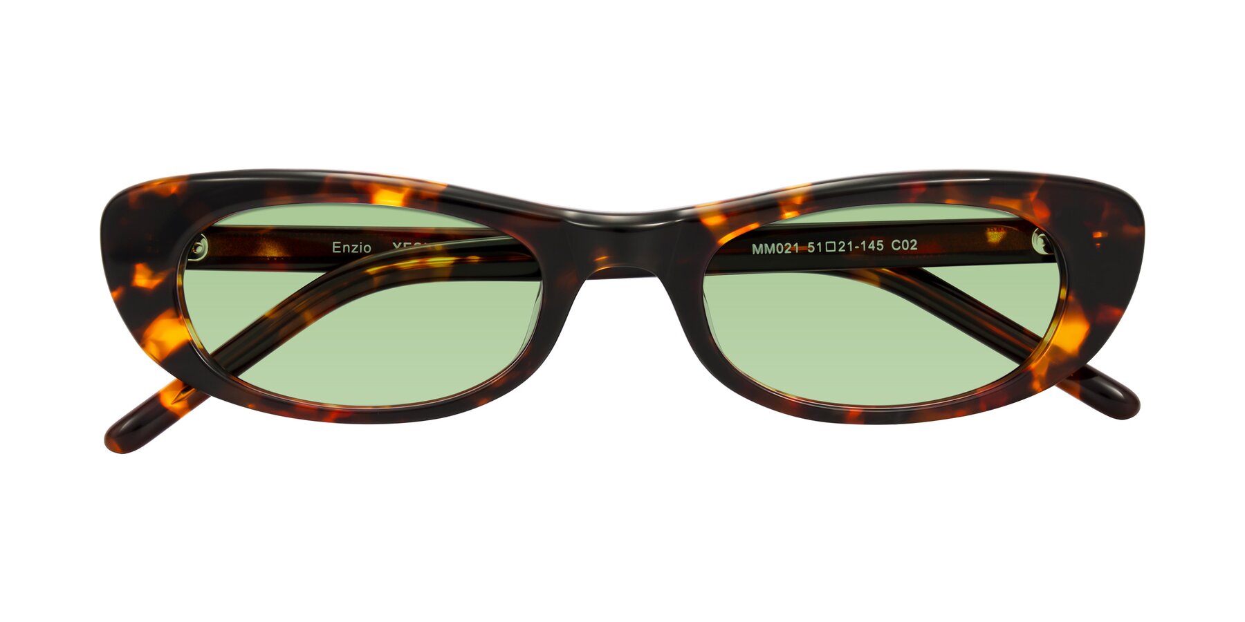 Folded Front of Enzio in Tortoise with Medium Green Tinted Lenses