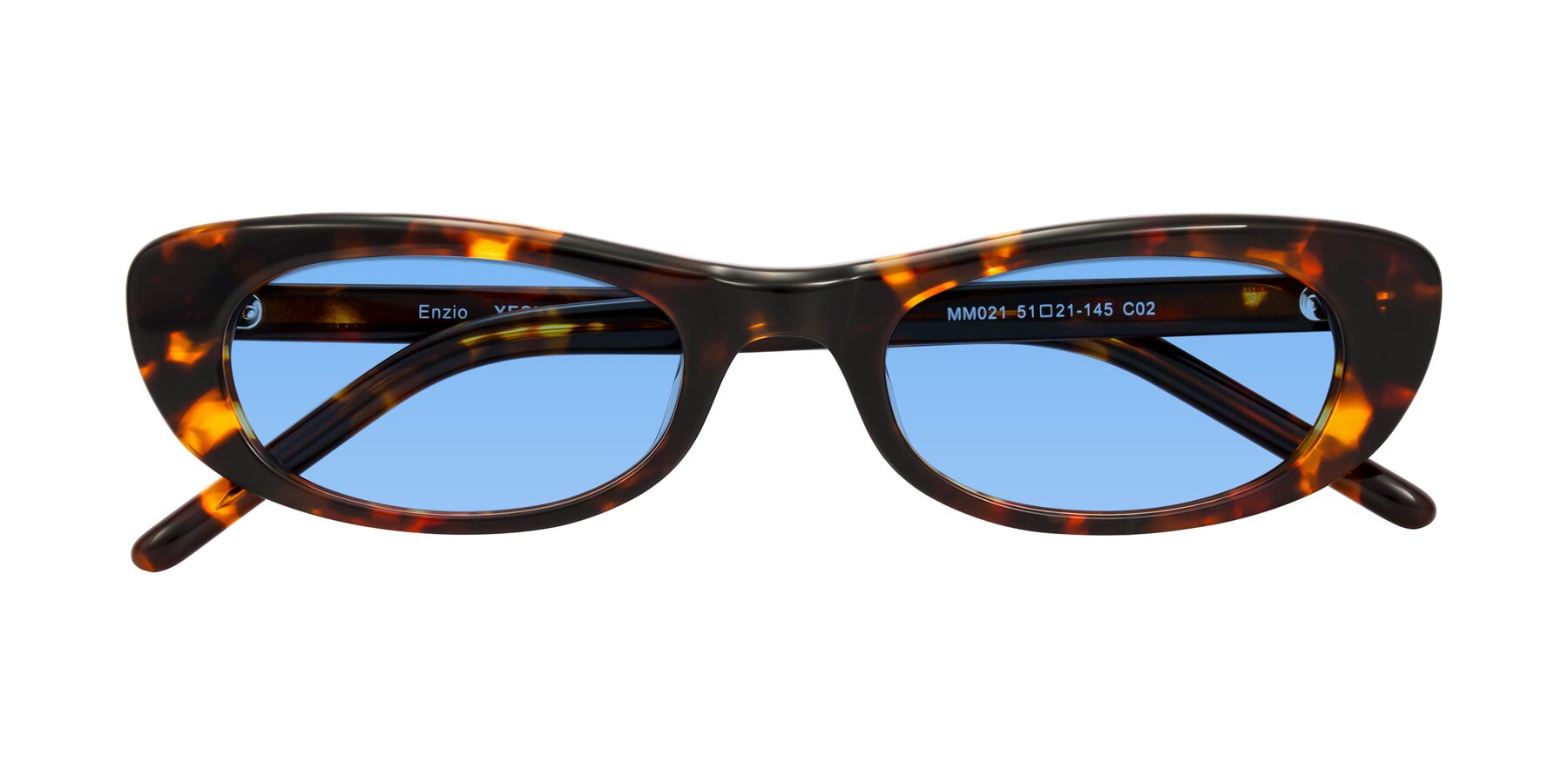 Folded Front of Enzio in Tortoise with Medium Blue Tinted Lenses