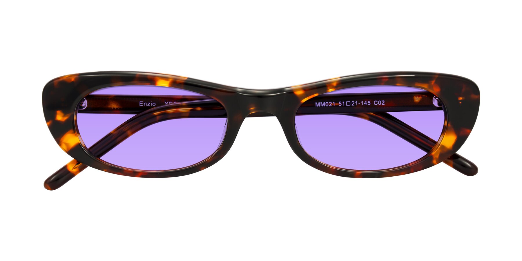Folded Front of Enzio in Tortoise with Medium Purple Tinted Lenses