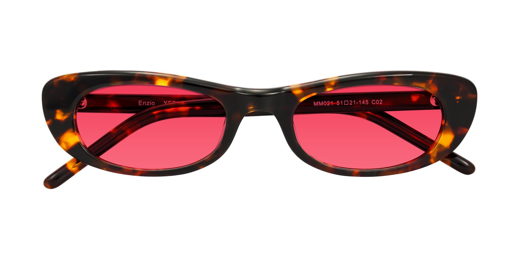 Folded Front of Enzio in Tortoise with Red Tinted Lenses