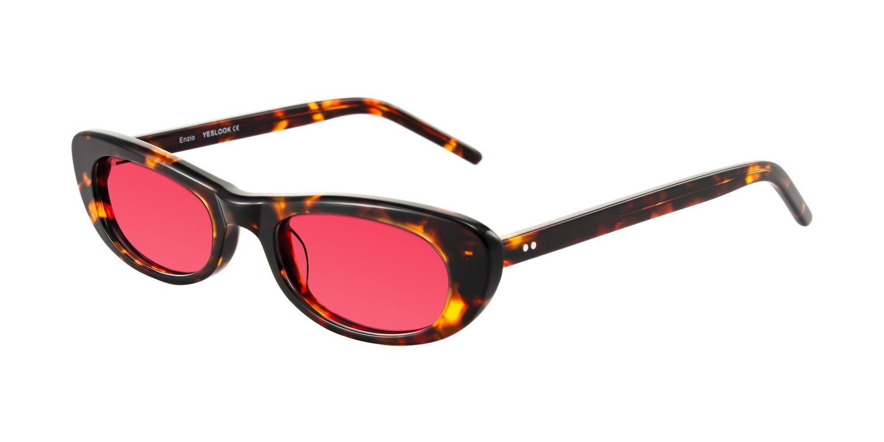 Angle of Enzio in Tortoise with Red Tinted Lenses