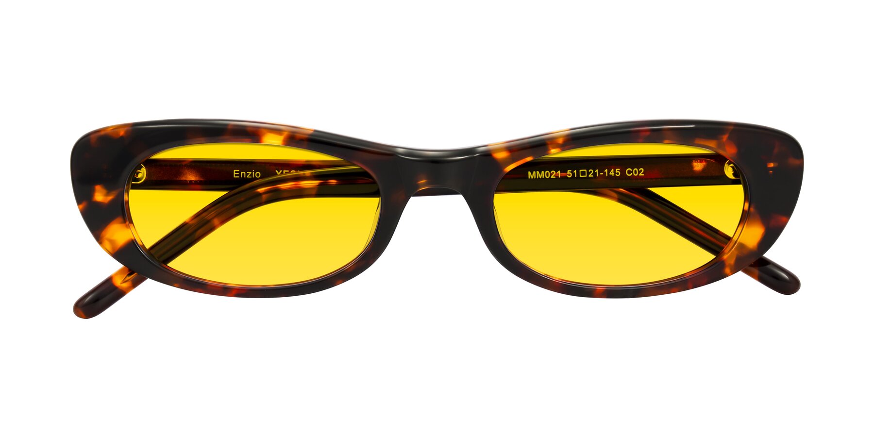 Folded Front of Enzio in Tortoise with Yellow Tinted Lenses