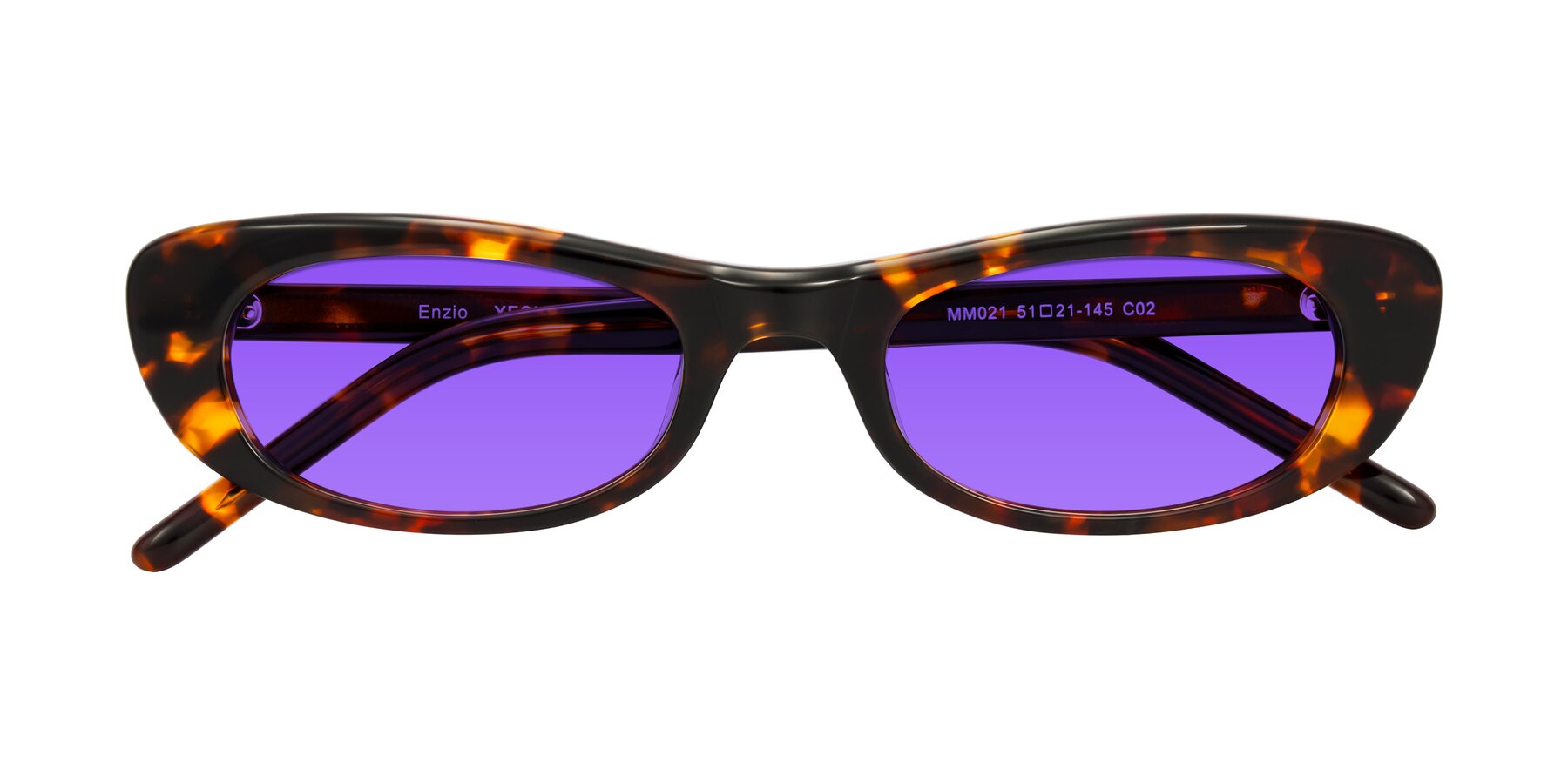 Folded Front of Enzio in Tortoise with Purple Tinted Lenses