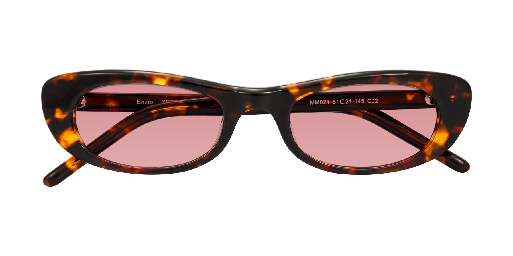 Folded Front of Enzio in Tortoise with Medium Garnet Tinted Lenses