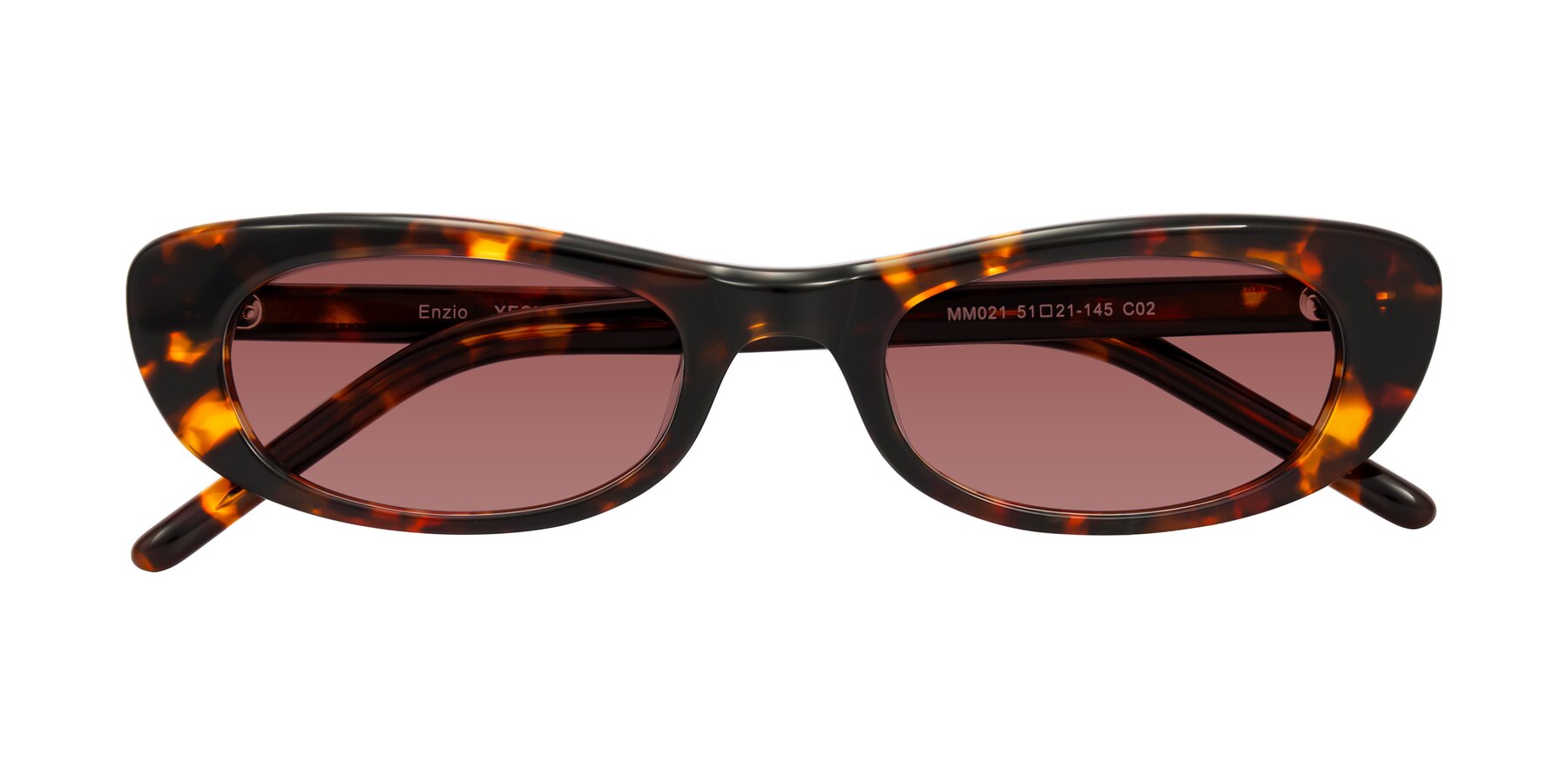 Folded Front of Enzio in Tortoise with Garnet Tinted Lenses