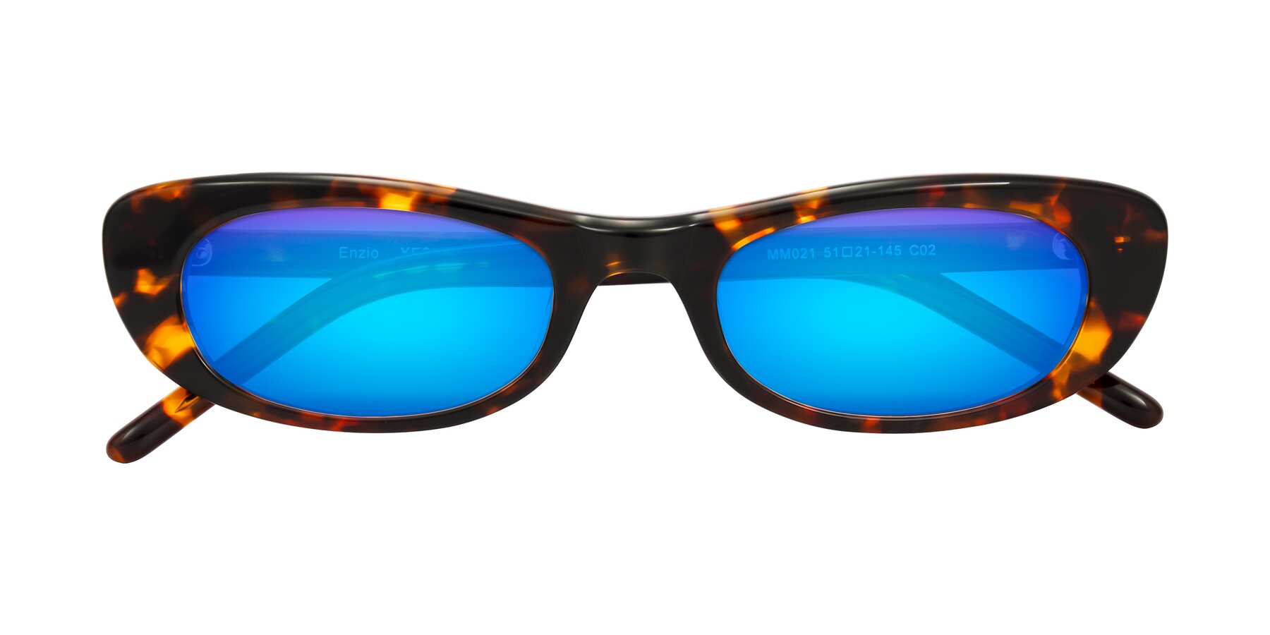 Folded Front of Enzio in Tortoise with Blue Mirrored Lenses