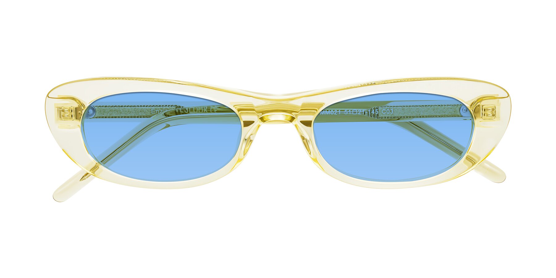 Folded Front of Enzio in Lime Crystal with Medium Blue Tinted Lenses