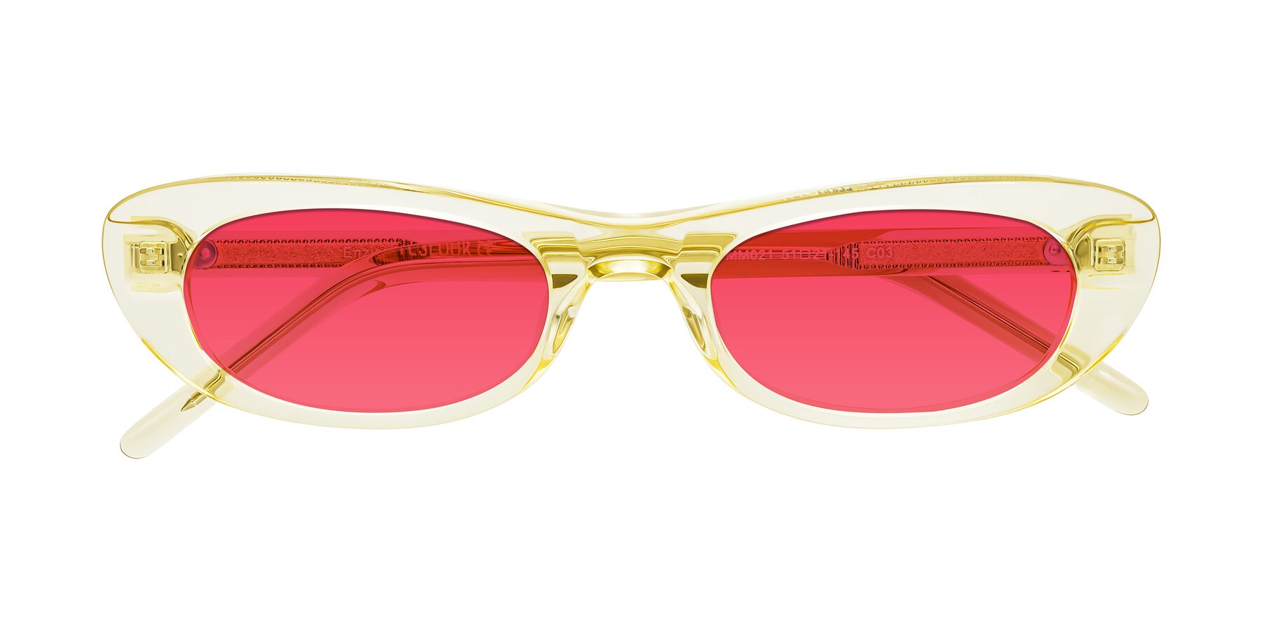 Folded Front of Enzio in Lime Crystal with Red Tinted Lenses