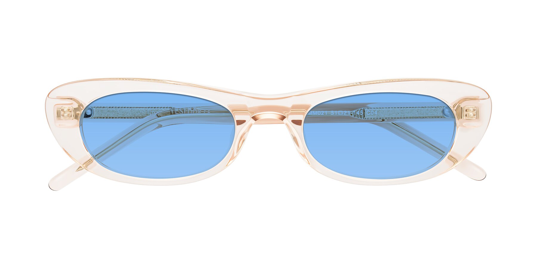 Folded Front of Enzio in Rose Crystal with Medium Blue Tinted Lenses
