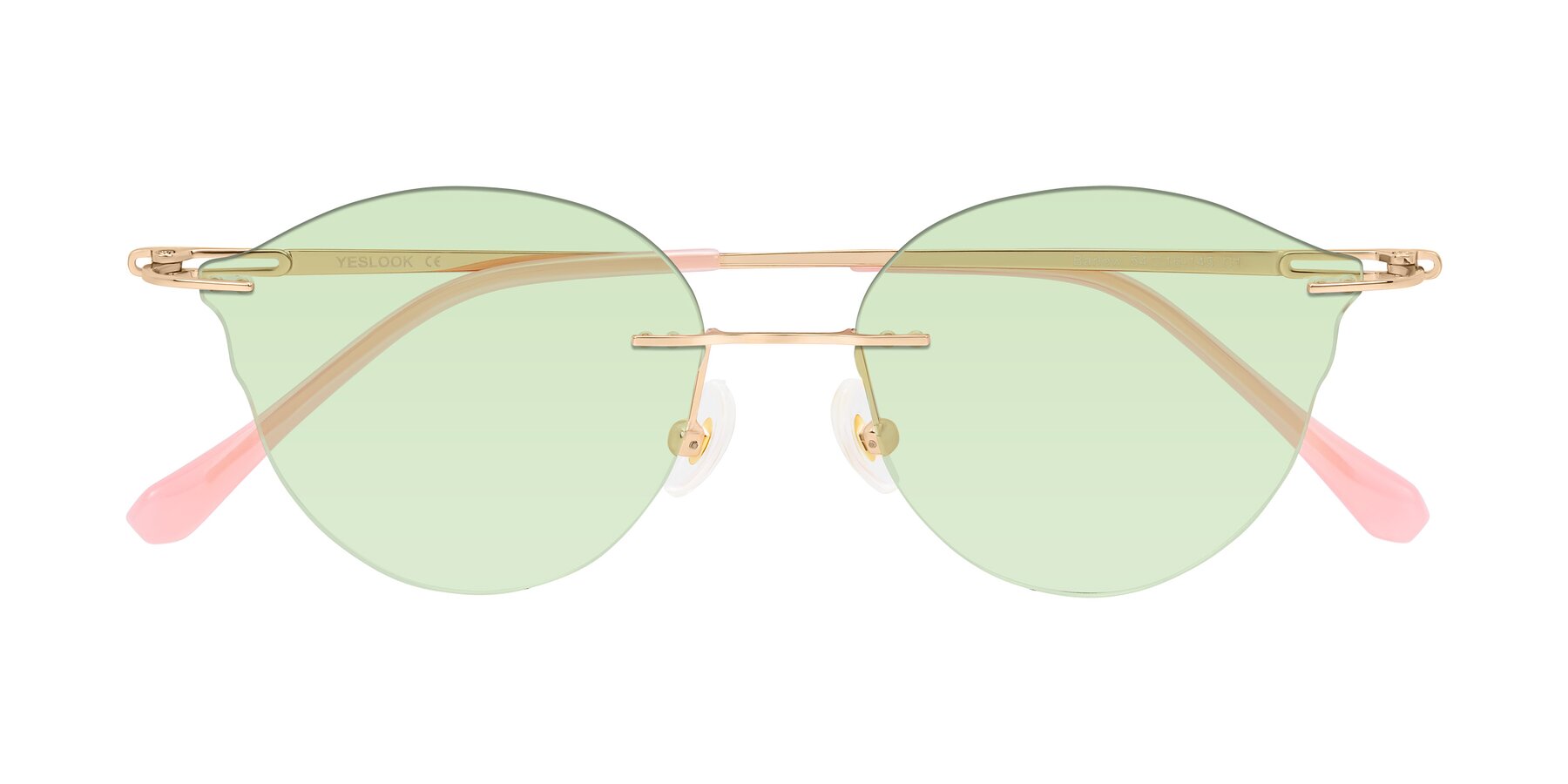 Folded Front of Barlow in Rose Gold/Pink with Light Green Tinted Lenses