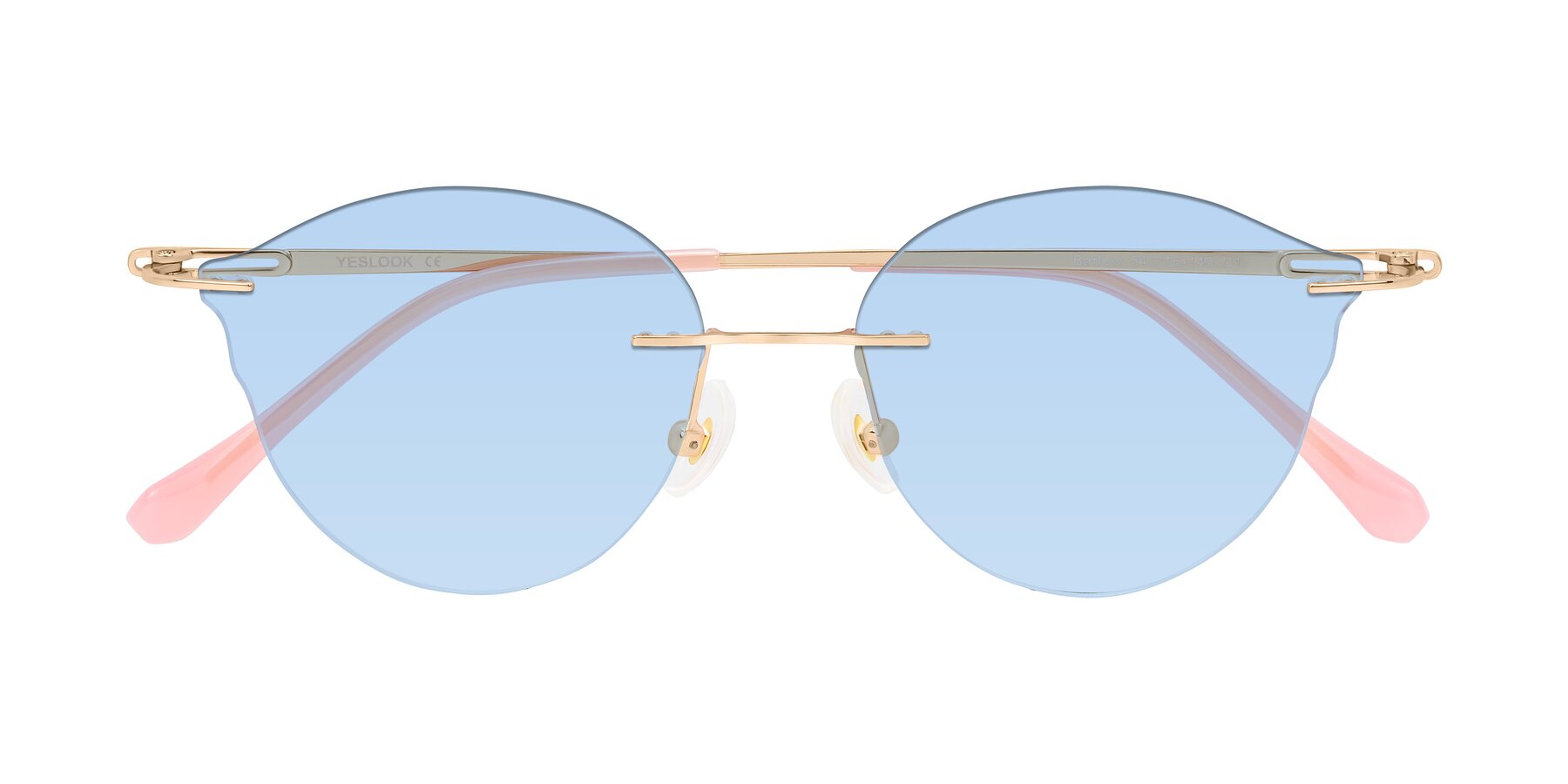 Folded Front of Barlow in Rose Gold/Pink with Light Blue Tinted Lenses