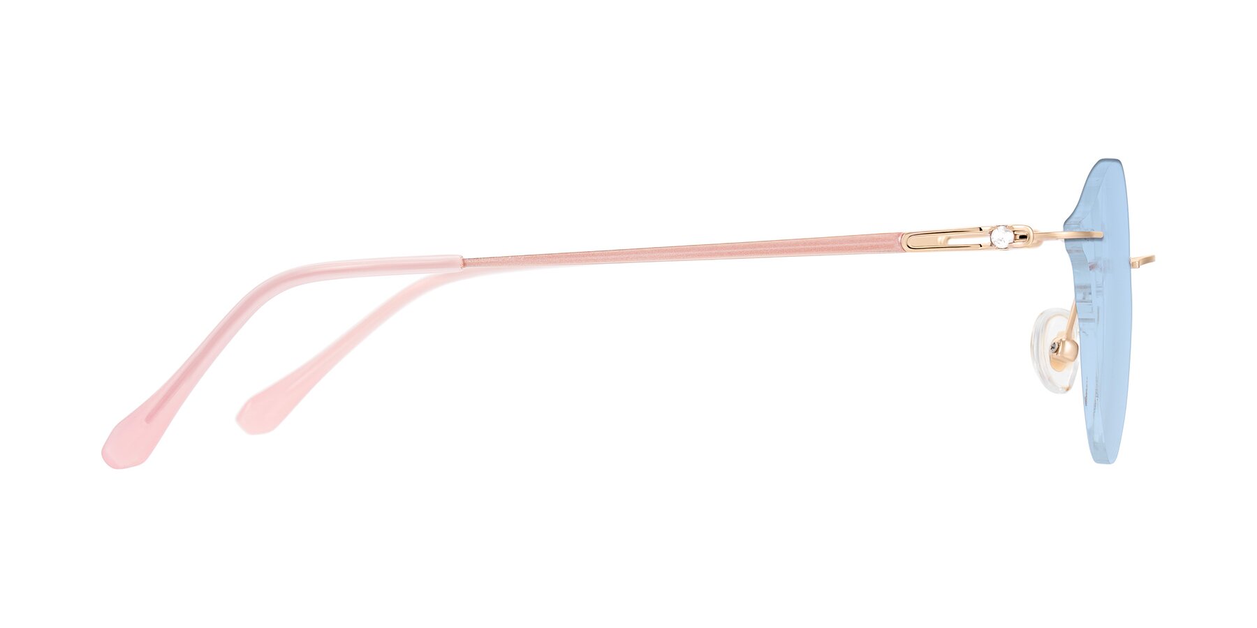 Side of Barlow in Rose Gold/Pink with Light Blue Tinted Lenses