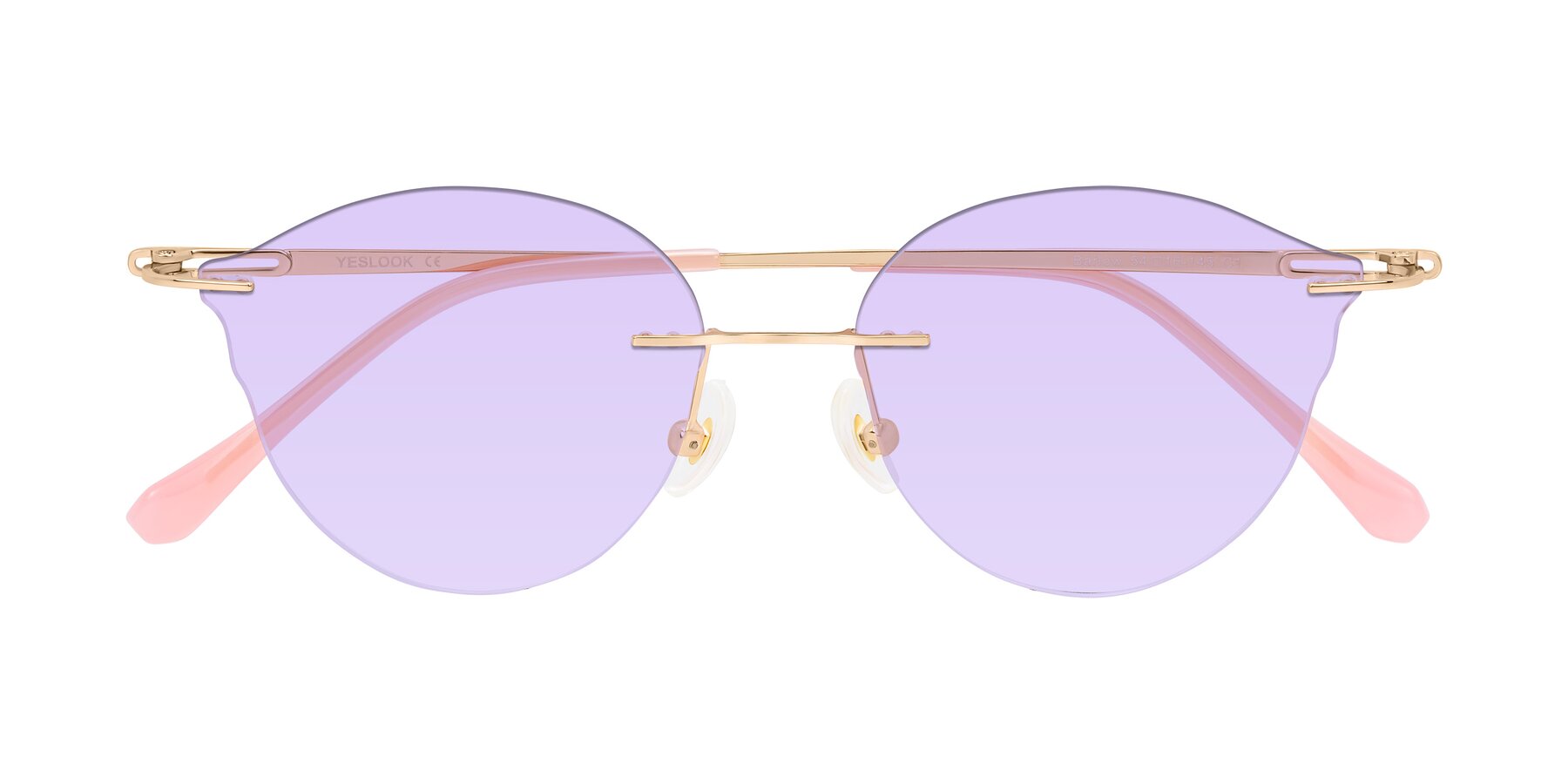 Folded Front of Barlow in Rose Gold/Pink with Light Purple Tinted Lenses