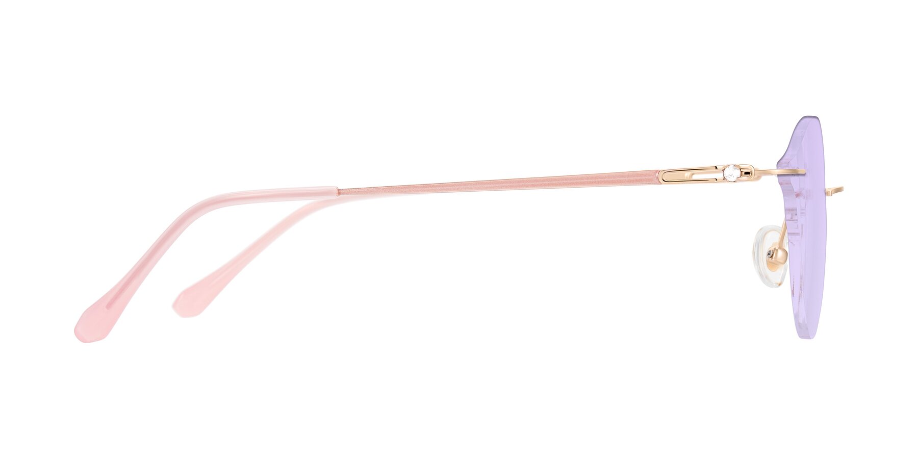 Side of Barlow in Rose Gold/Pink with Light Purple Tinted Lenses