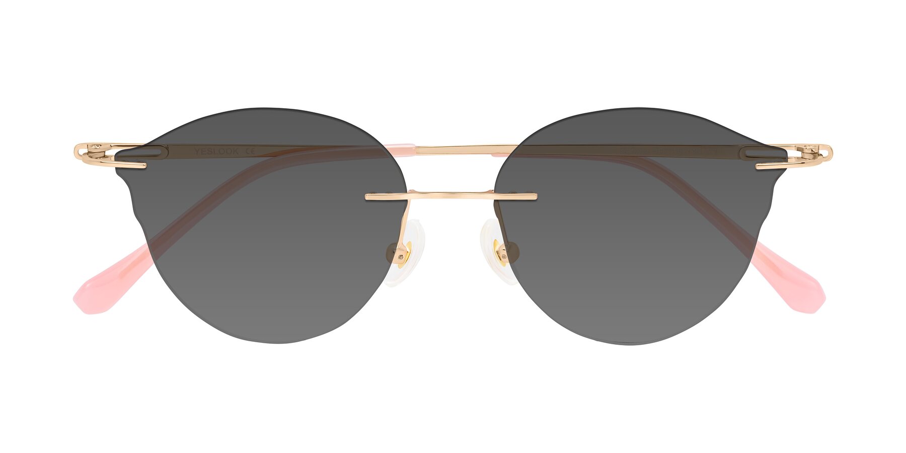 Folded Front of Barlow in Rose Gold/Pink with Medium Gray Tinted Lenses