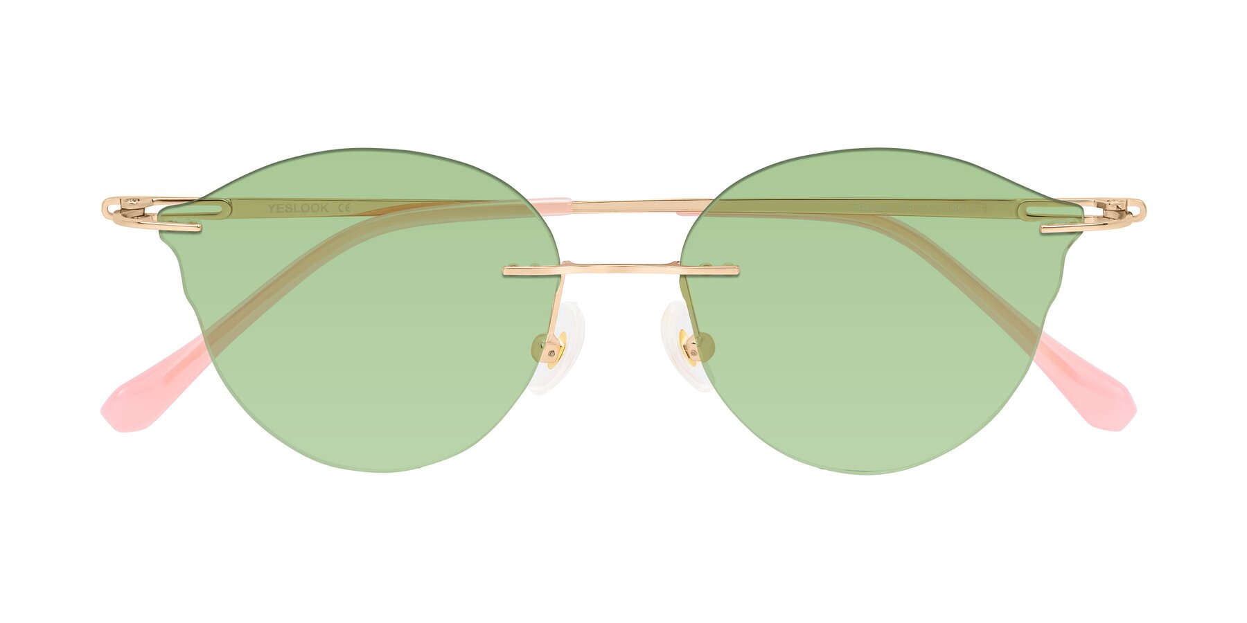 Folded Front of Barlow in Rose Gold/Pink with Medium Green Tinted Lenses