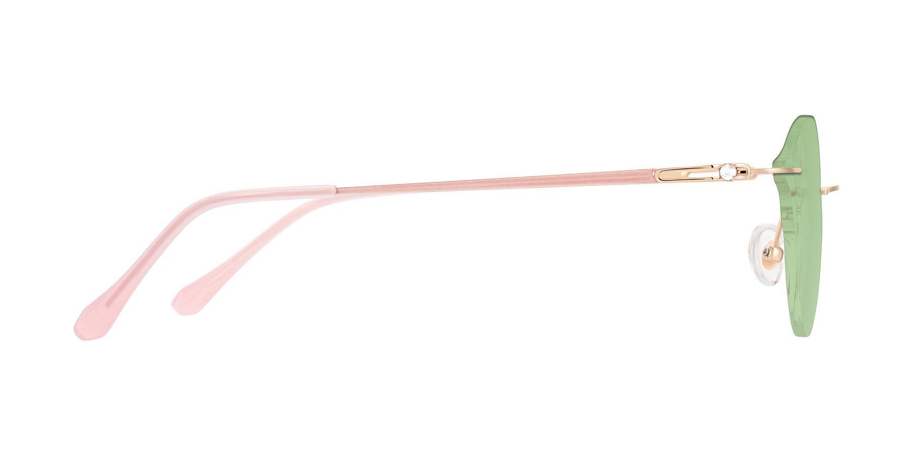 Side of Barlow in Rose Gold/Pink with Medium Green Tinted Lenses