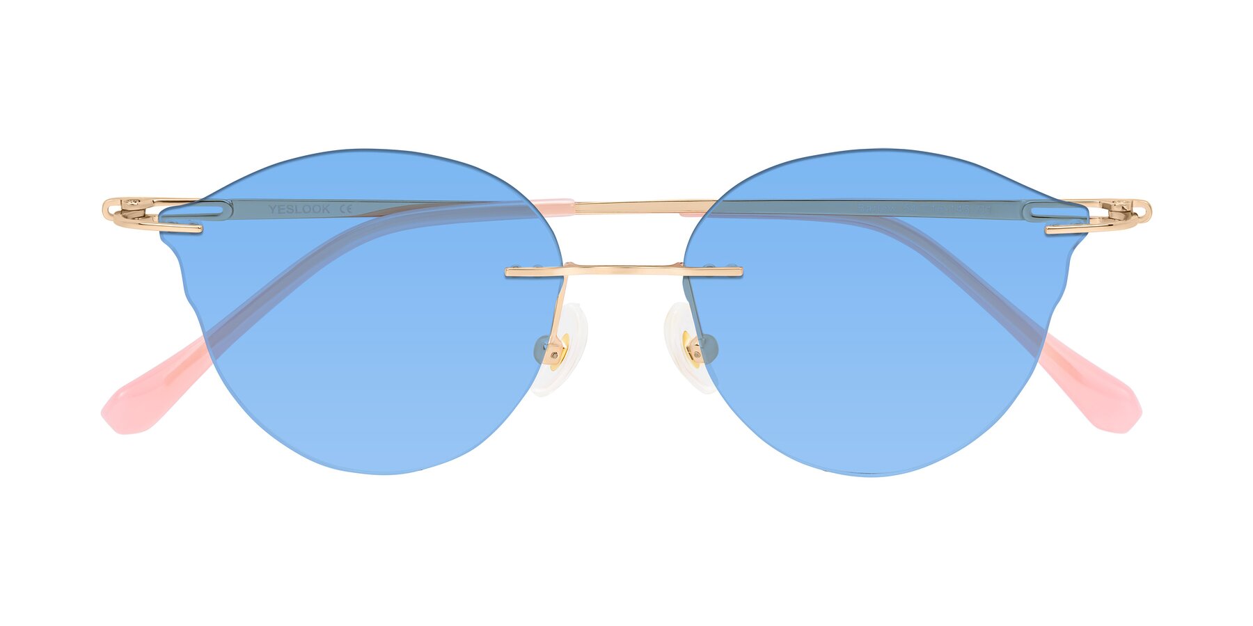 Folded Front of Barlow in Rose Gold/Pink with Medium Blue Tinted Lenses