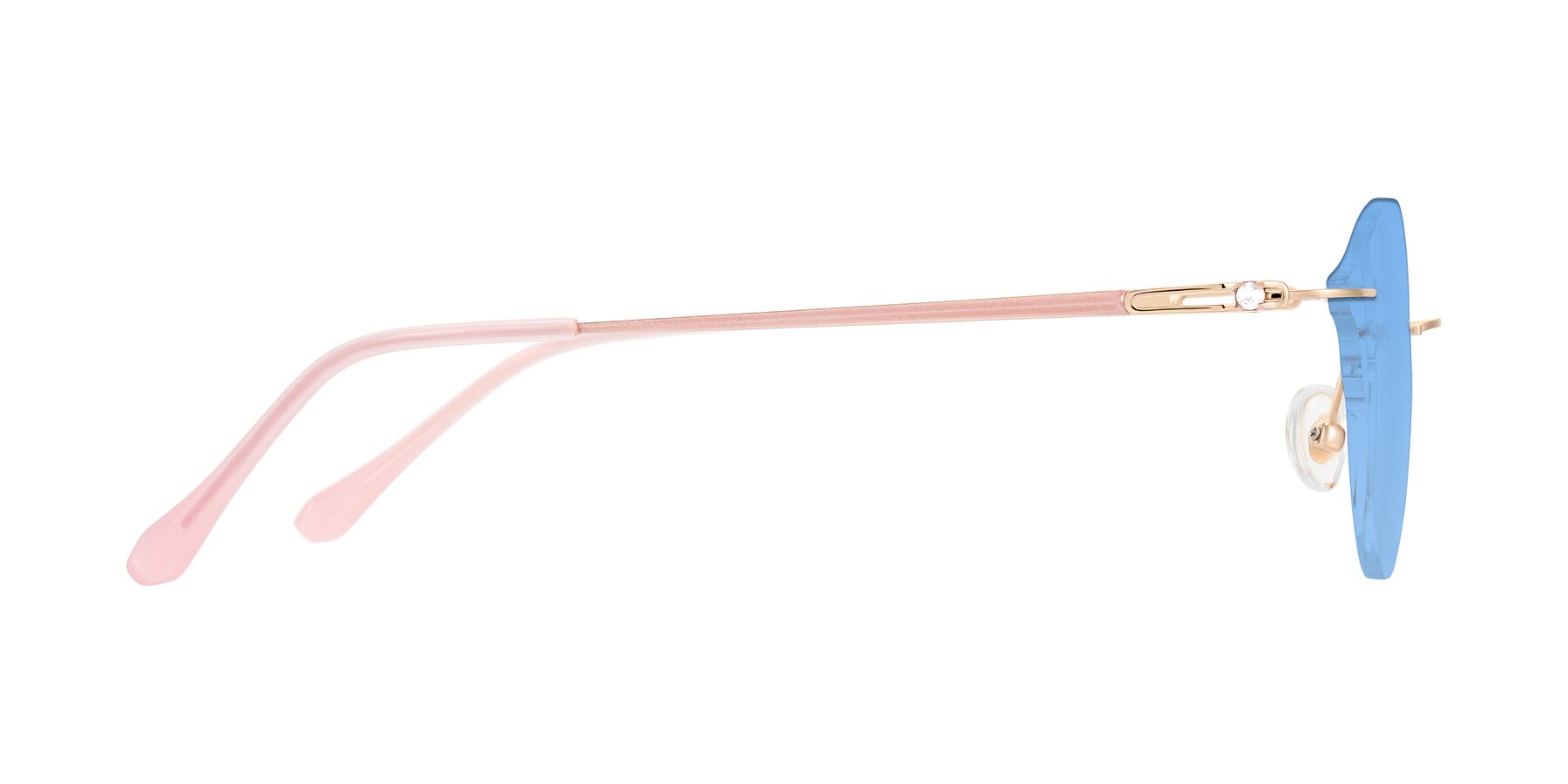 Side of Barlow in Rose Gold/Pink with Medium Blue Tinted Lenses