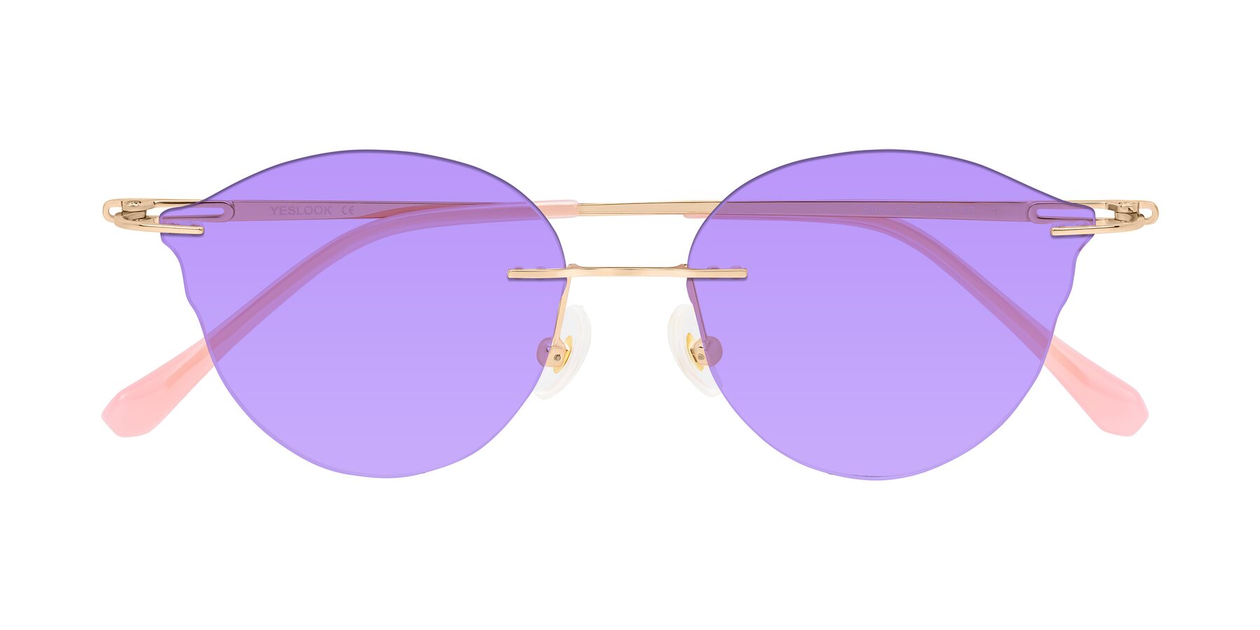 Folded Front of Barlow in Rose Gold/Pink with Medium Purple Tinted Lenses
