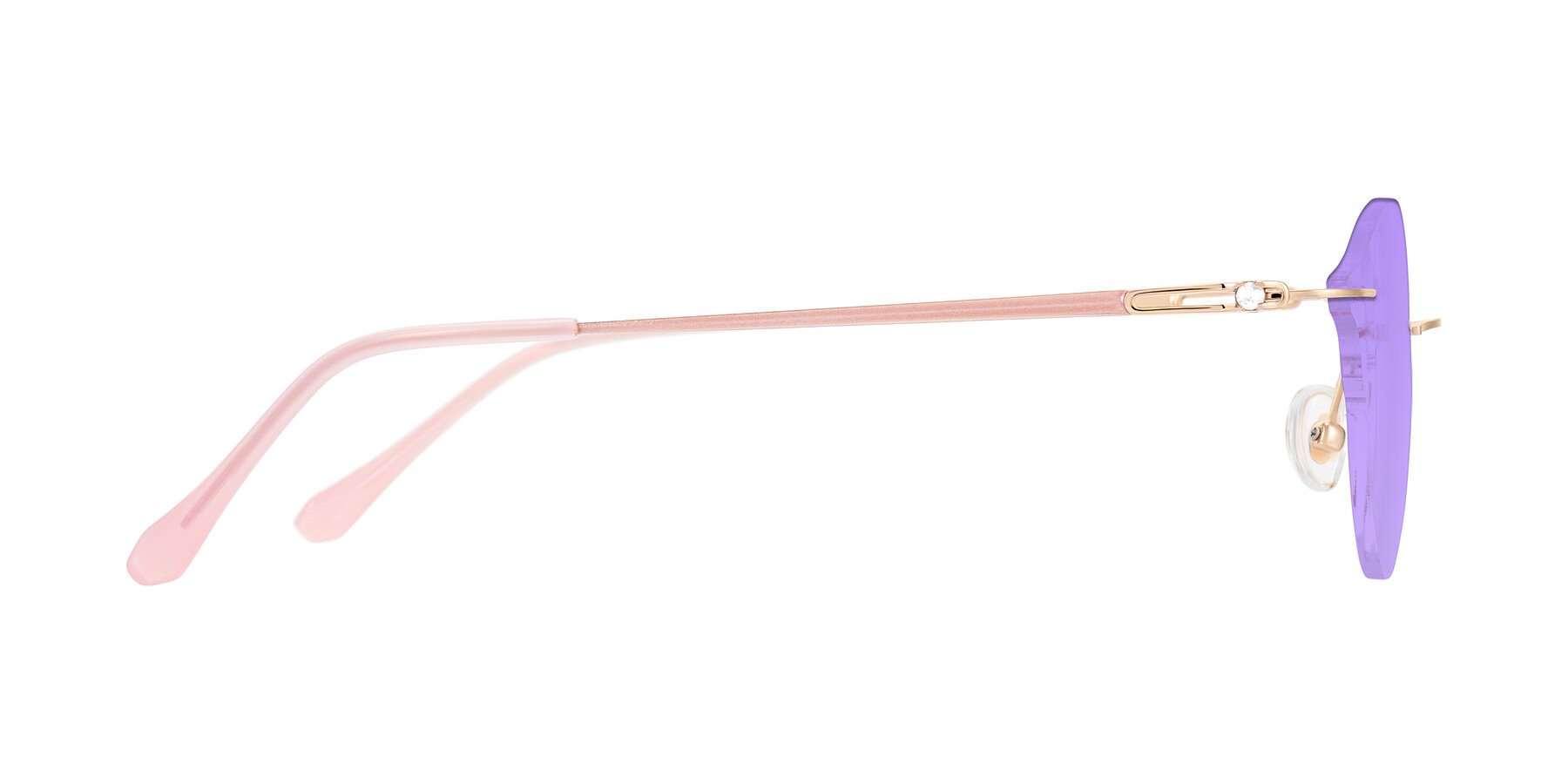 Side of Barlow in Rose Gold/Pink with Medium Purple Tinted Lenses