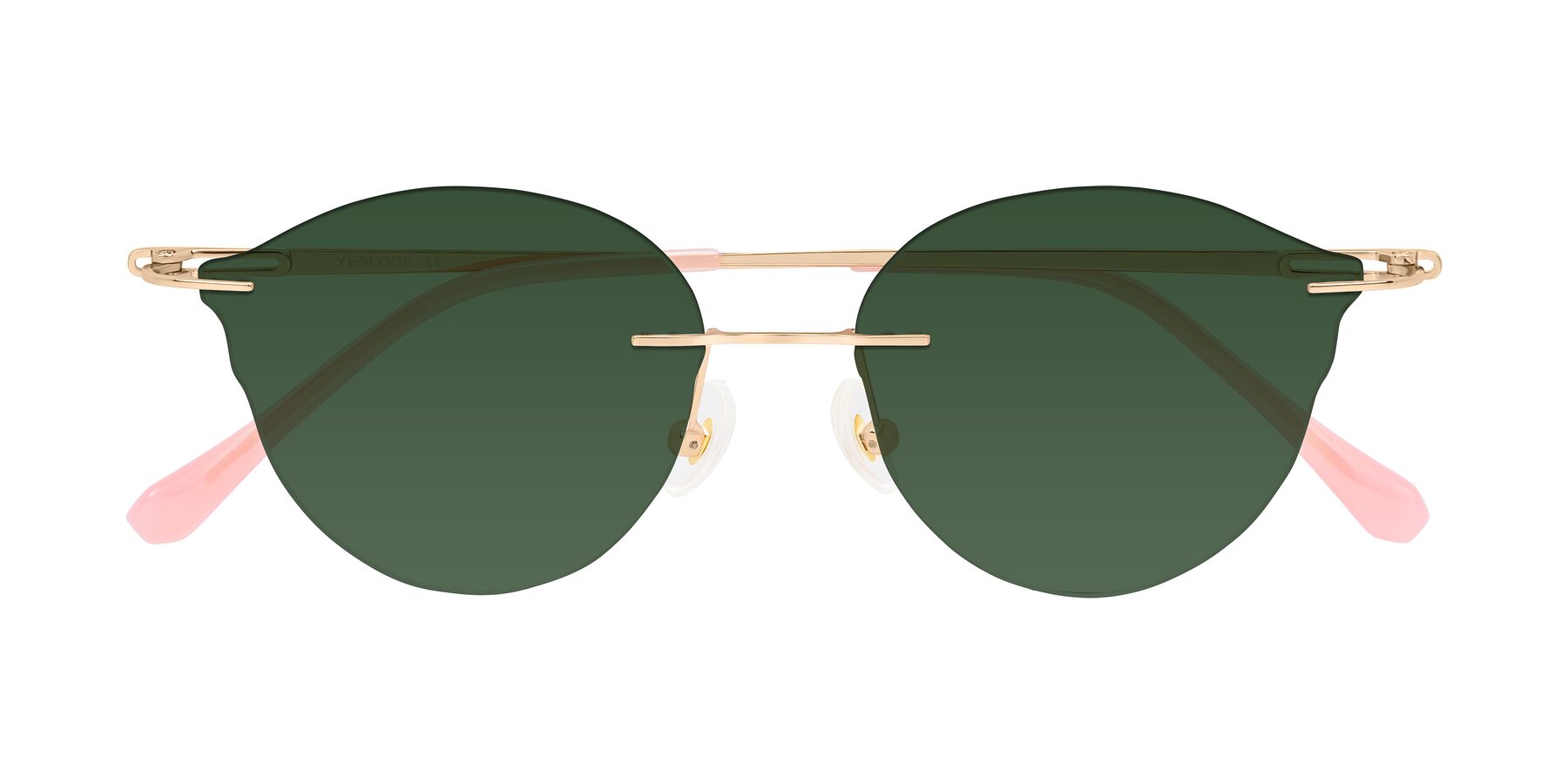 Folded Front of Barlow in Rose Gold/Pink with Green Tinted Lenses