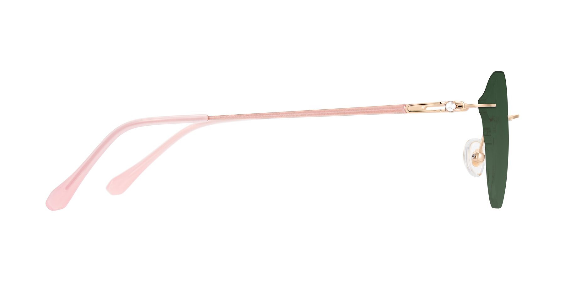 Side of Barlow in Rose Gold/Pink with Green Tinted Lenses